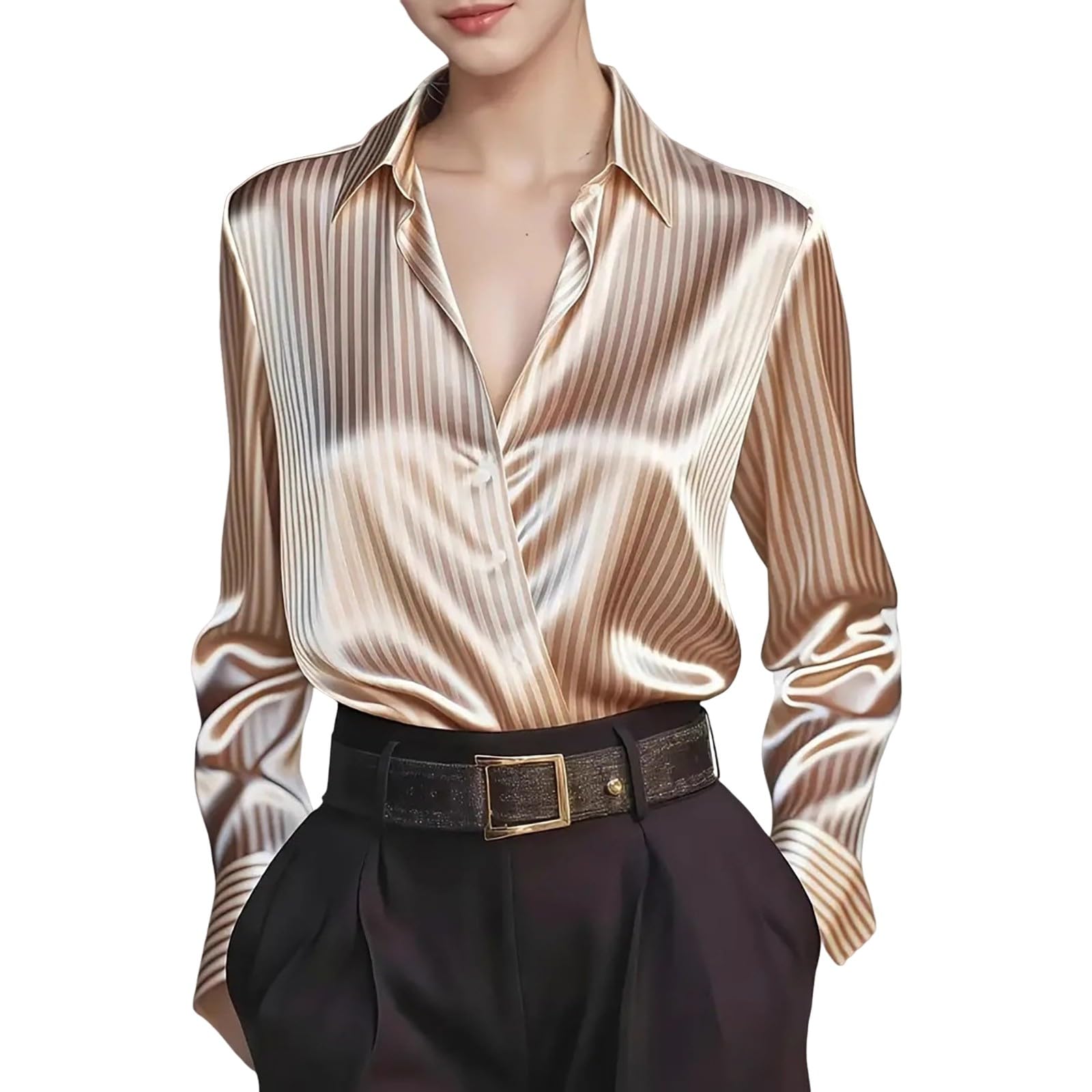 Chemise à rayures pour femme, surdimensionnée, élégante, en satin, col en V, tissu fluide, protection contre les rayons solaires, chemisier style français, mode