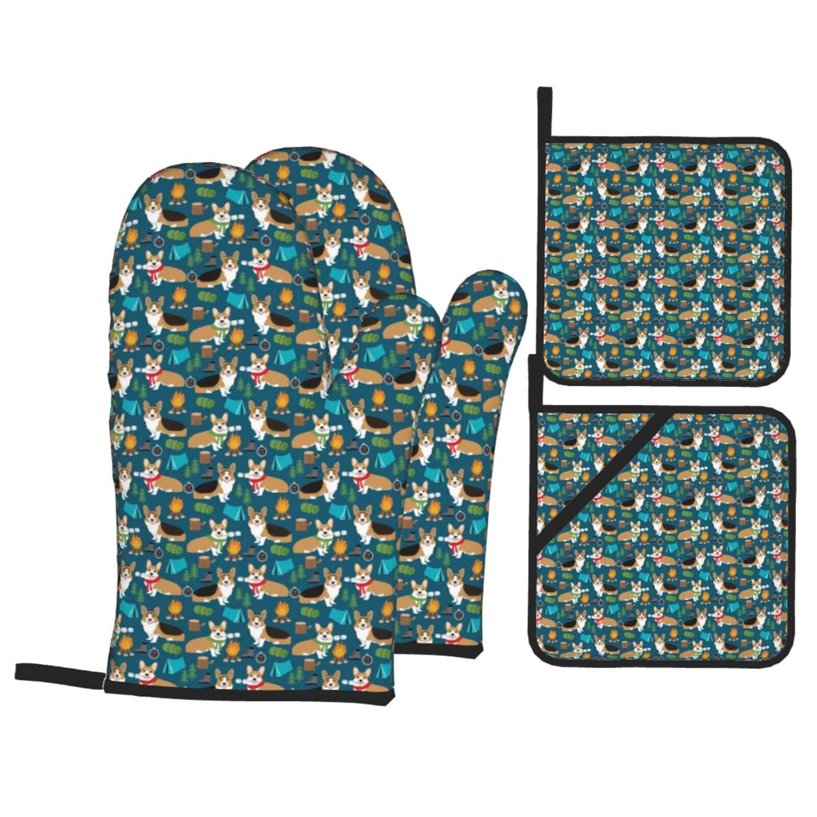 Dog Print Stylish Heat-Resistant Oven 4-Piece Set Kitchen Gloves Roasting Daily Cooking