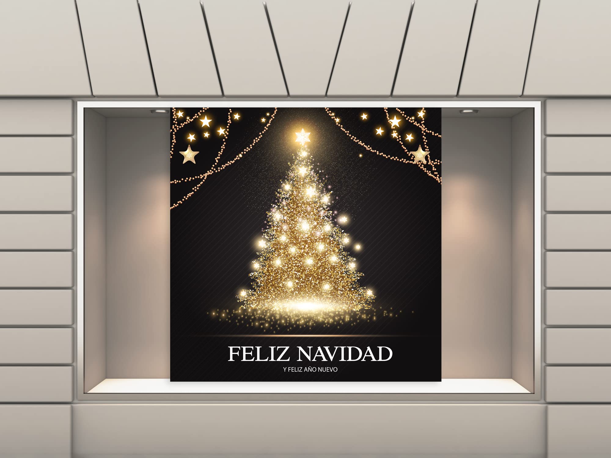 Oedim Vinilo Adhesivo Transparente en Efecto Espejo Árbol Navidad Luces Feliz Navidad | 200 x 200 cm | Vinilo Económico y Original | Vinilo fondeado de Blanco