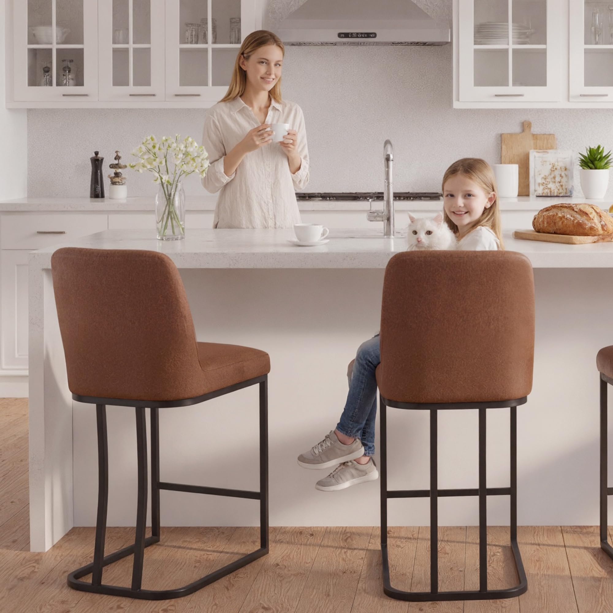 Modern Counter Height Bar Stools Set of 2, 24 Inch PU Leather Upholstered Kitchen Barstools with Back, Counter Stool Chairs with Black Metal Frame for