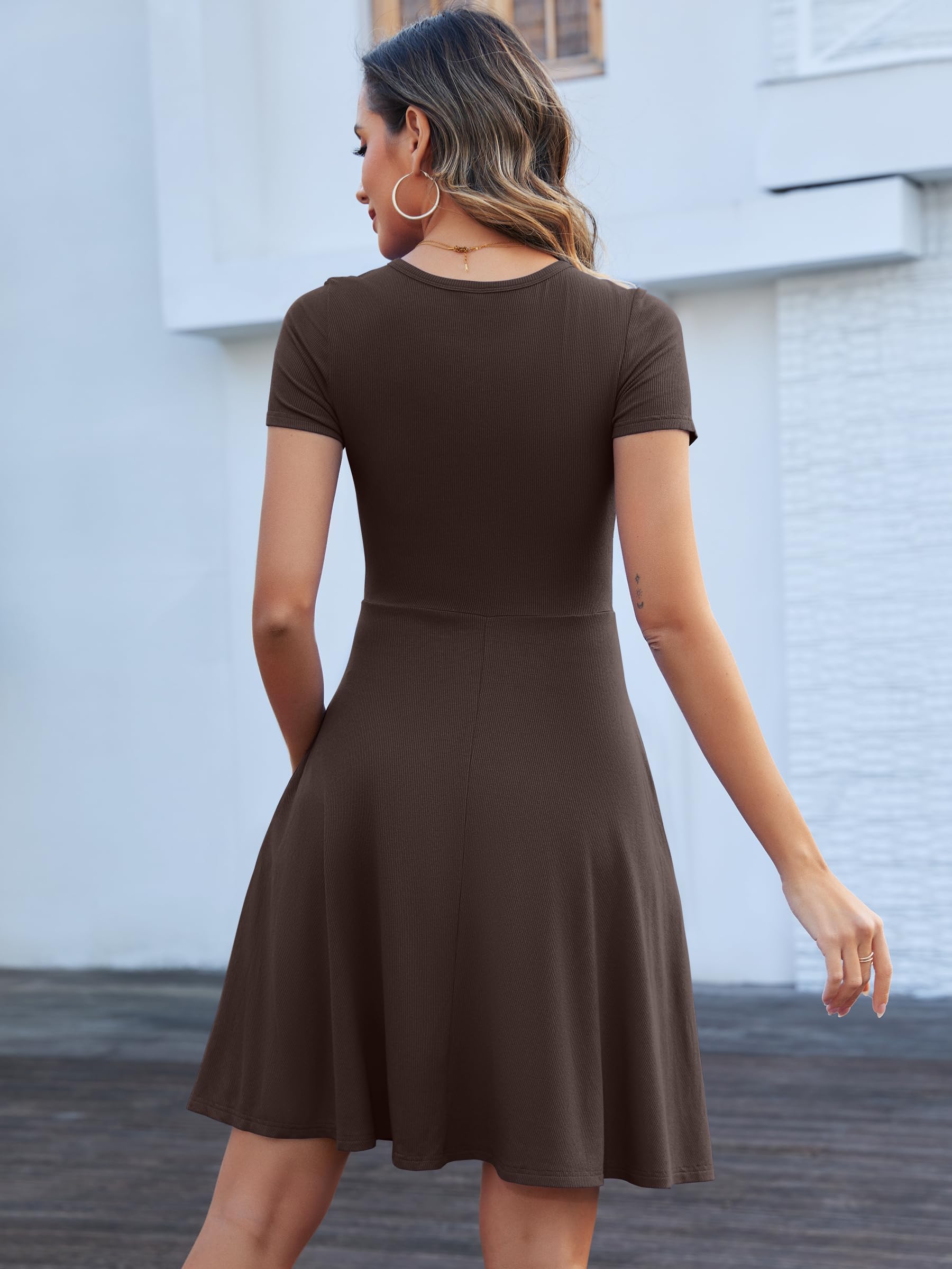 ANRABESS Women Summer Short Sleeve Ribbed Knit Fit & Flare A-Line Flowy Business Casual Work Basic Mini Dress with Pockets