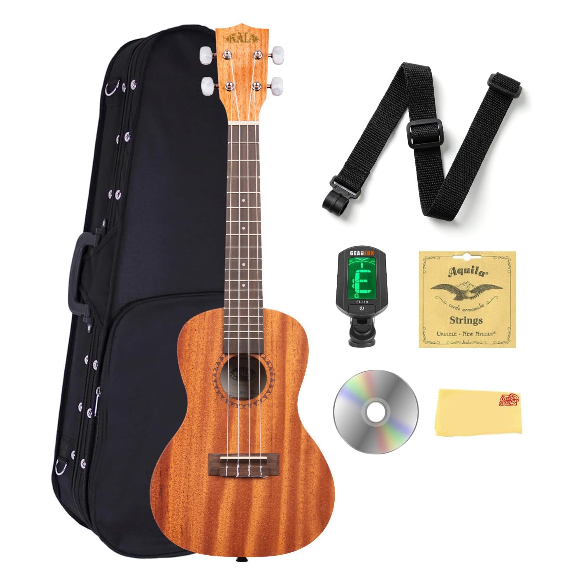 Kala KA-15C Satin Mahogany Concert Ukulele Bundle with Hard Case, Tuner, Strap, Strings, Austin Bazaar Instructional DVD, and Polishing Cloth