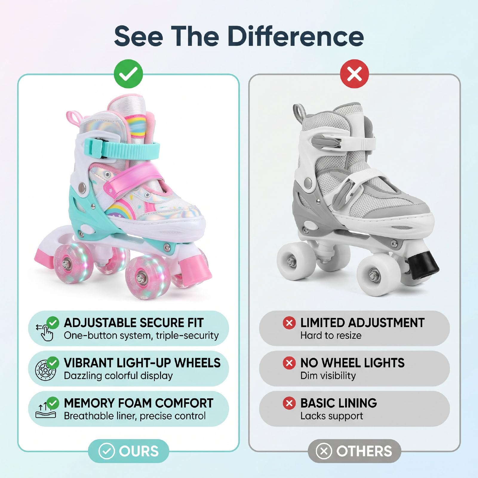 Patines De Ruedas con Iluminación Ajustable Cuádruples Doble Row Correas con Hebilla Cierres Gancho Y Bucle Cordones Antideslizantes con Diseño Cierre Múltiple para Patinar