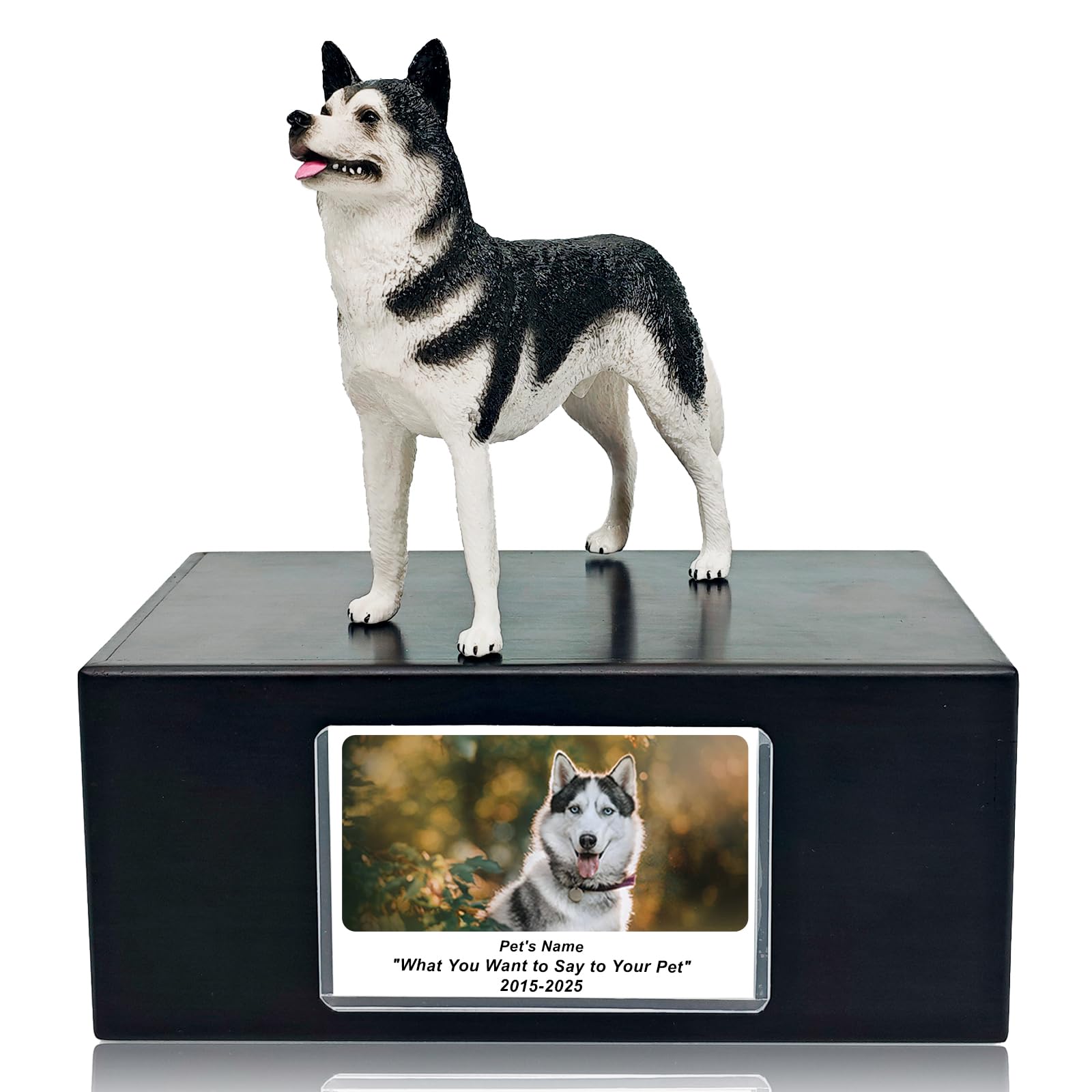 MEM PLANETE Pet Dog Urns for Ashes Memorial Gifts for Loss Lovers Shadow Box Sympathy Keepsake Small Big Cremation Casket Funerary Frame Pictures Solid Rosewood Material Siberian Huskies Figurine Urn