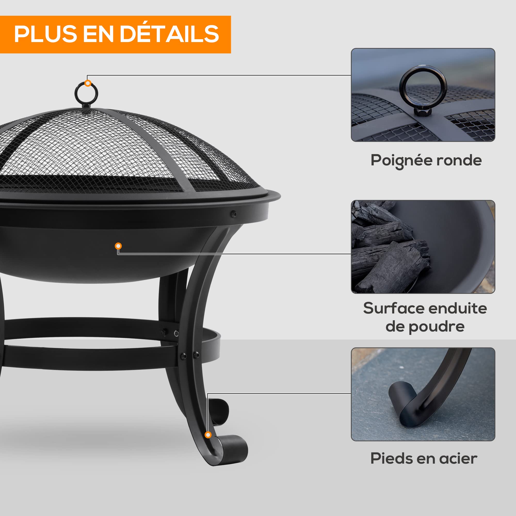 Outsunny Brasero cheminée Rond avec Pare-étincelles 55L x 55l x 50H Noir | Foyer extérieur, tisonnier, métal