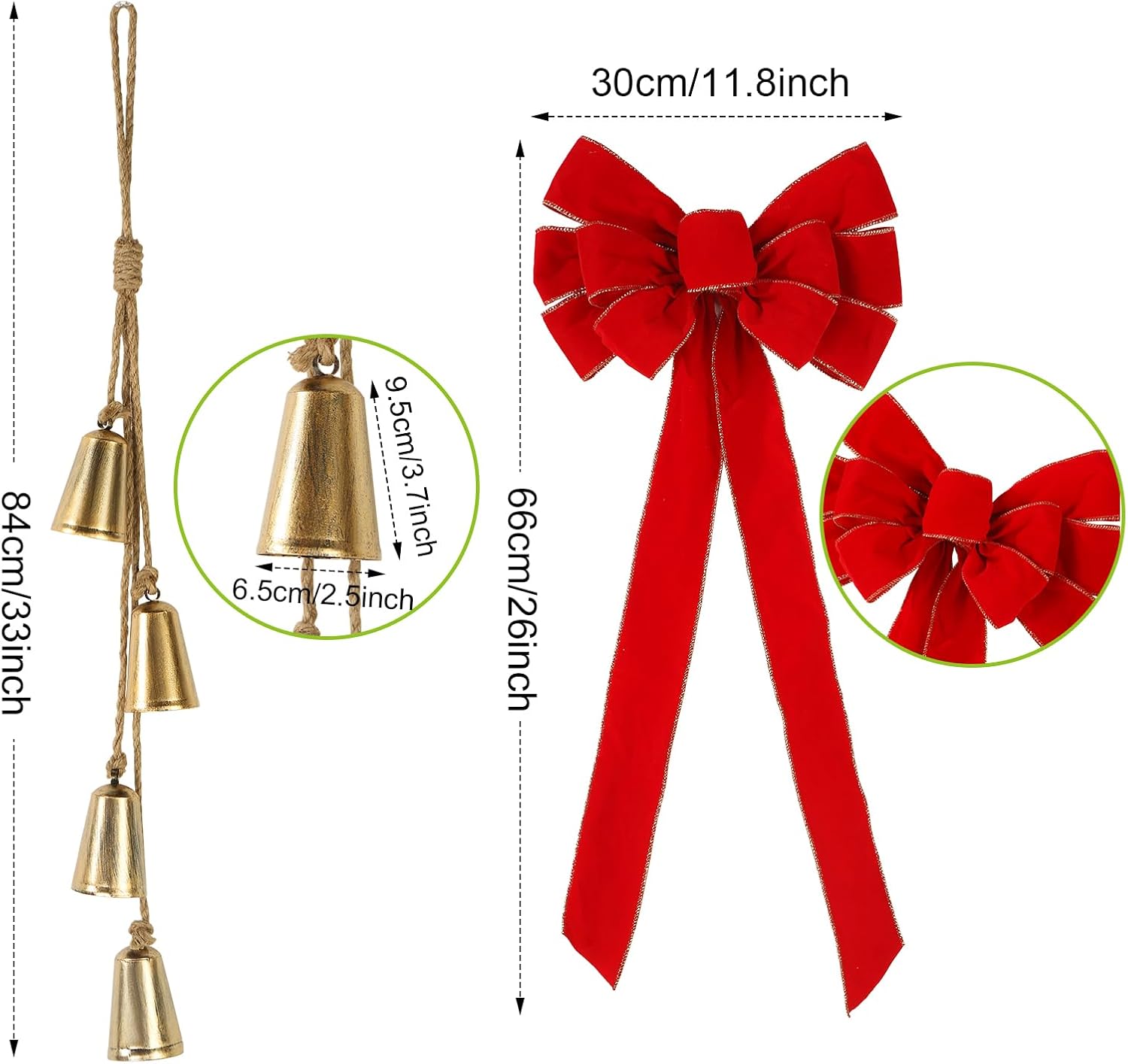 10 Pcs Christmas Decorations Includes Iron Gold Bell Chime Hanging Rope 6.3 ft Berry Christmas Garland and 11.8 x 26 Inch Red Bows Christmas Fireplace Mantel Christmas Vintage Style Decor