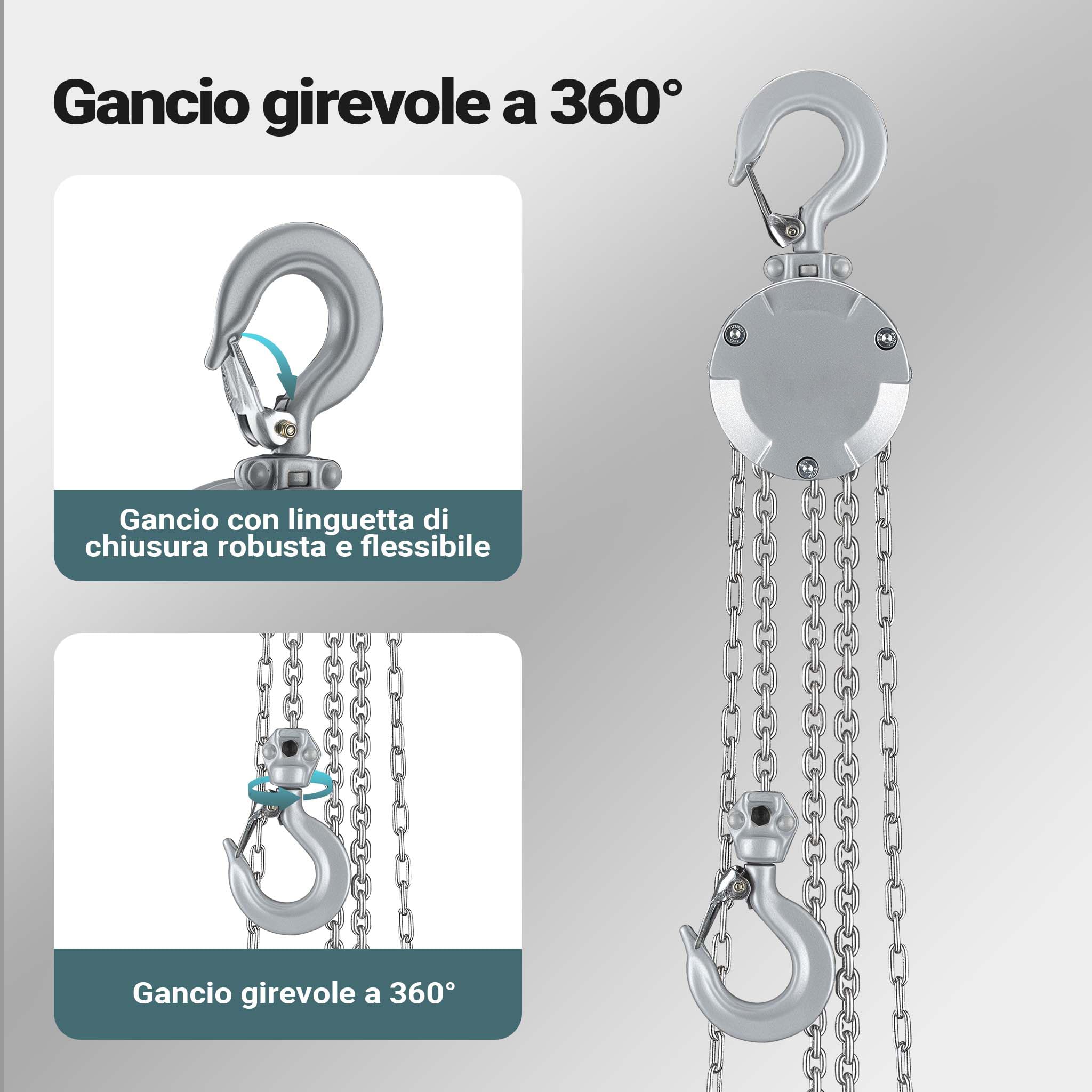 Wiltec Paranco a catena manuale VX-0.25 in alluminio, capacità di carico 250 kg, altezza di sollevamento 3 m, catena di carico G100, leggero e compatto, per impieghi gravosi