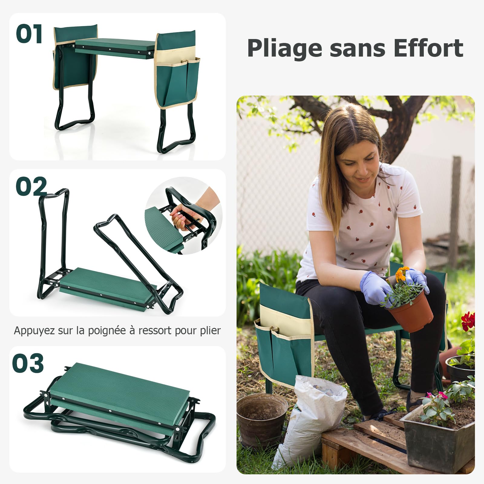 RELAX4LIFE Agenouilloir de Jardin, Tabouret de Jardinage Pliable avec 2 Sacs à Outils, Coussinet Epais en Eve Charge 150kg, Banc de Jardinage Polyvalent, 58x27,5x50cm(Tabouret Plus+| 2 Sac, Vert)