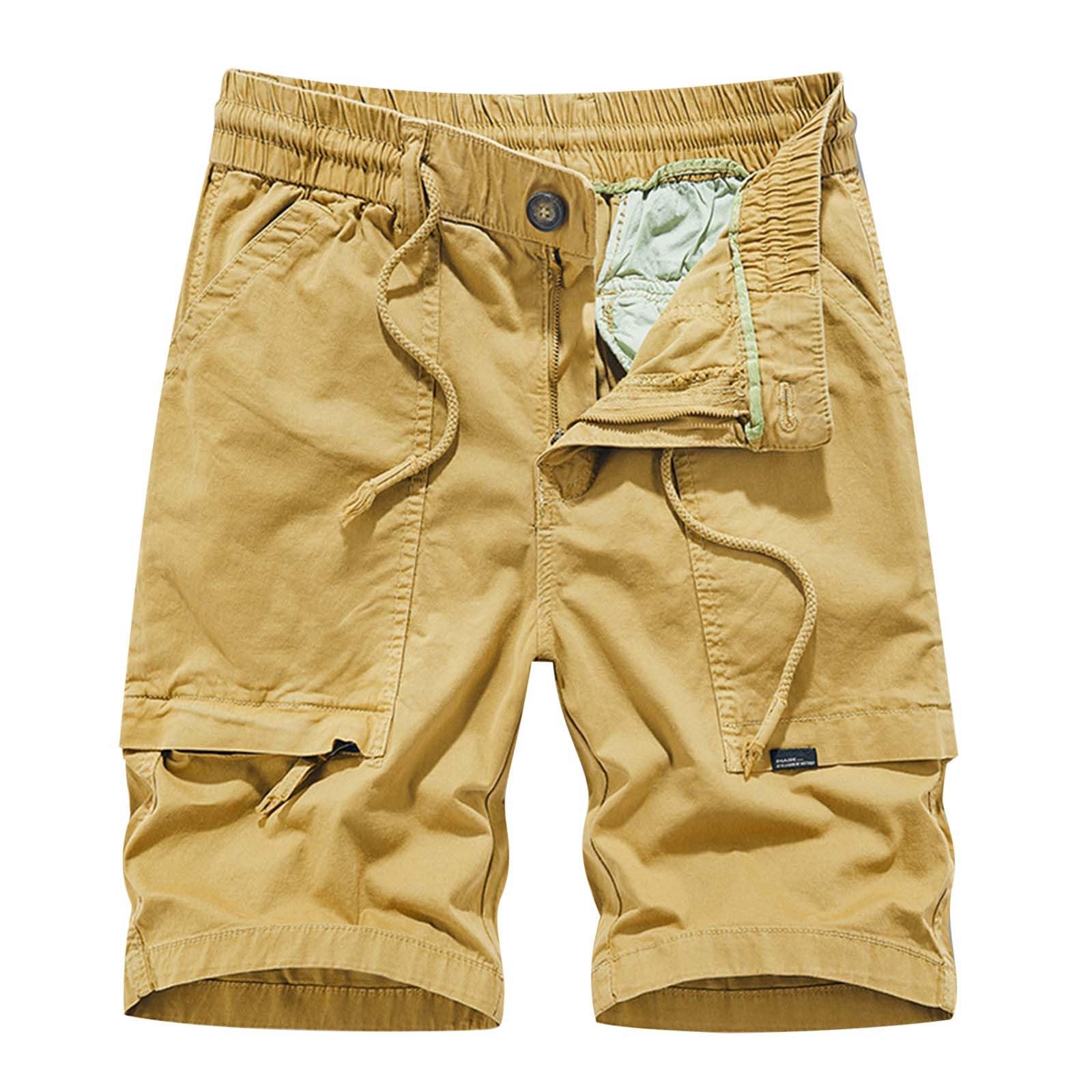 Cargo Shorts for Man Waterproof Stretch Drawstring Relaxed Fit Work Hiking Pants Zipper Camping Shorts with Pockets Yellow 31