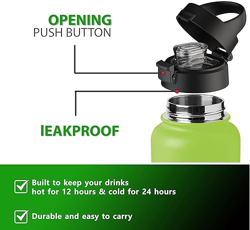 Miniatura 8 de Botella de agua aislada de 32 onzas, botella de agua de acero inoxidable de doble pared, 3 tapas a prueba de fugas, botella de agua con popote, sin