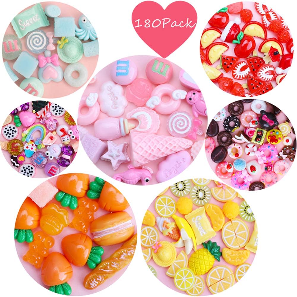 Habbi Slime Charms Set 180pcs Slime Charms Mixed Fruit Candy Food Resin Flatback Cute Slime Beads for DIY Crafts Making, Ornament Scrapbooking