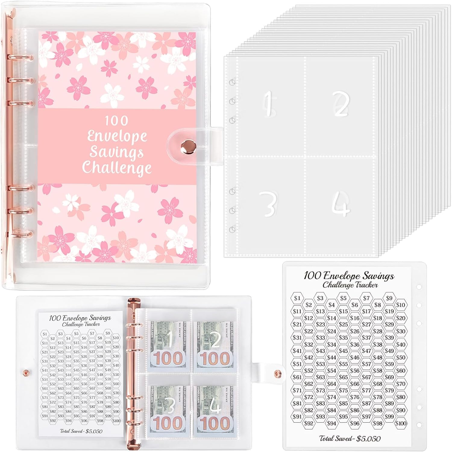100 Envelopes Money Saving Challenge Binder, Money Saving Binder with Laminated $5050 Tracker Sheet & Pre-numbered Pockets (Pink)