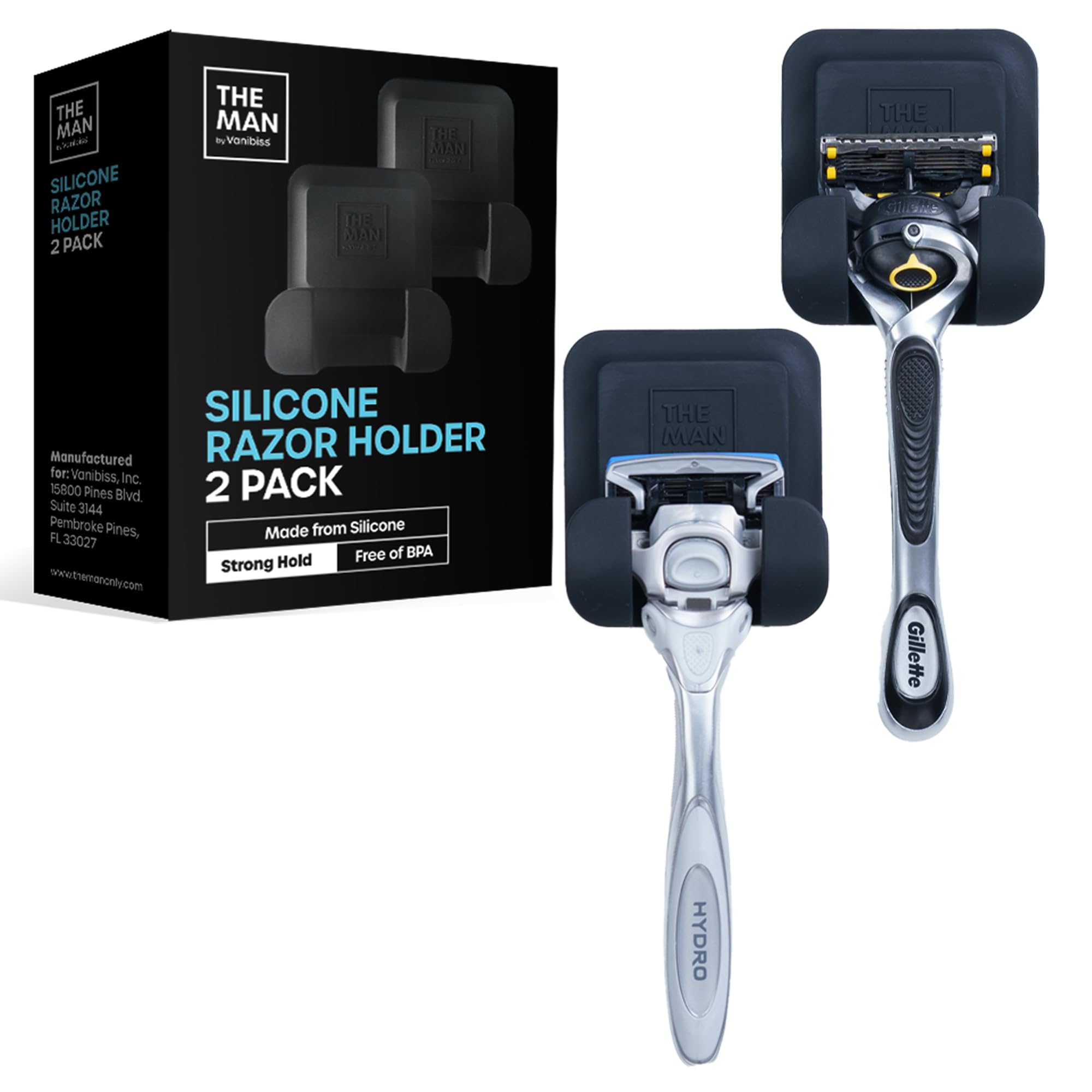 Vanibiss The Man Silicone Razor Holder for Men - Fit Any Razor Secure & Safe - Bathroom Organization Hooks for Shower Wall - Compatible with Gillette, Harry's, Schick & Other Brands (2 Pack)