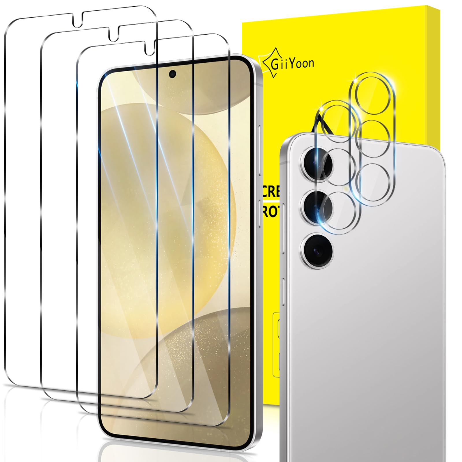 GiiYoon2+3 Pack Screen Protector for Samsung Galaxy S24 with 3 Pack Tempered Glass Screen Protective Film and 2 Pack Camera Lens Protector- High Definition