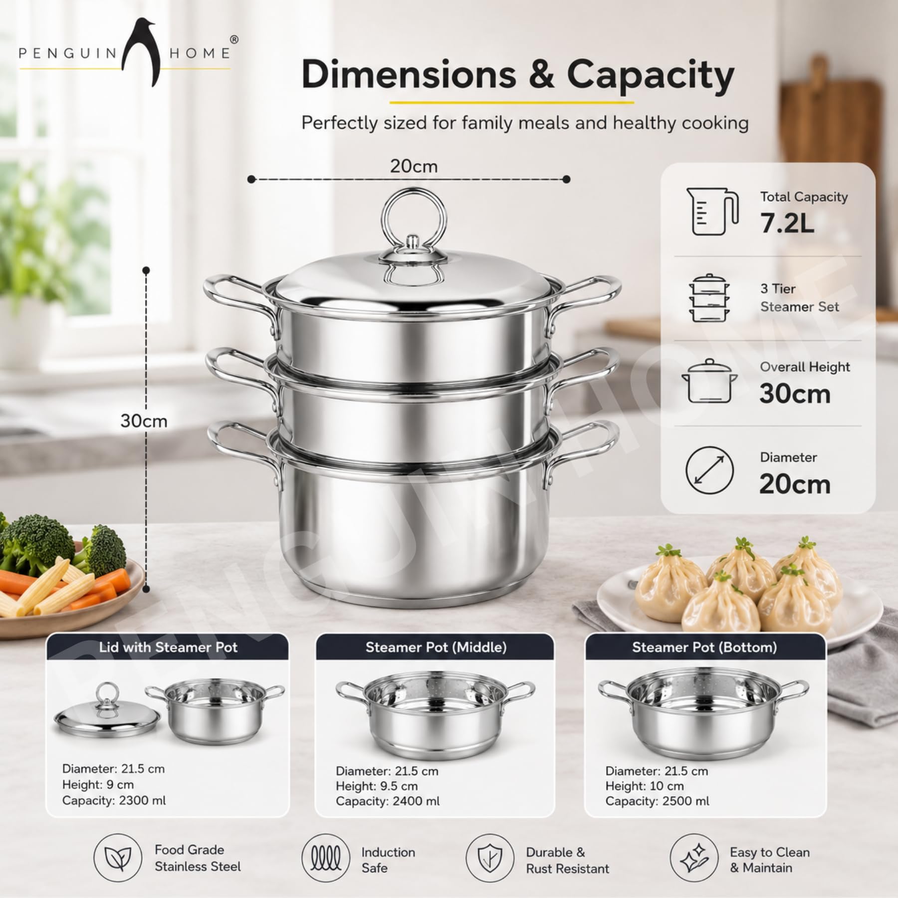 Penguin Home® Set per cottura a vapore a 3 livelli 3 litri 20 cm | Cassaforte a induzione | Piroscafo per alimenti a tre livelli in acciaio inossidabile |Piroscafo da cucina per cucinare |