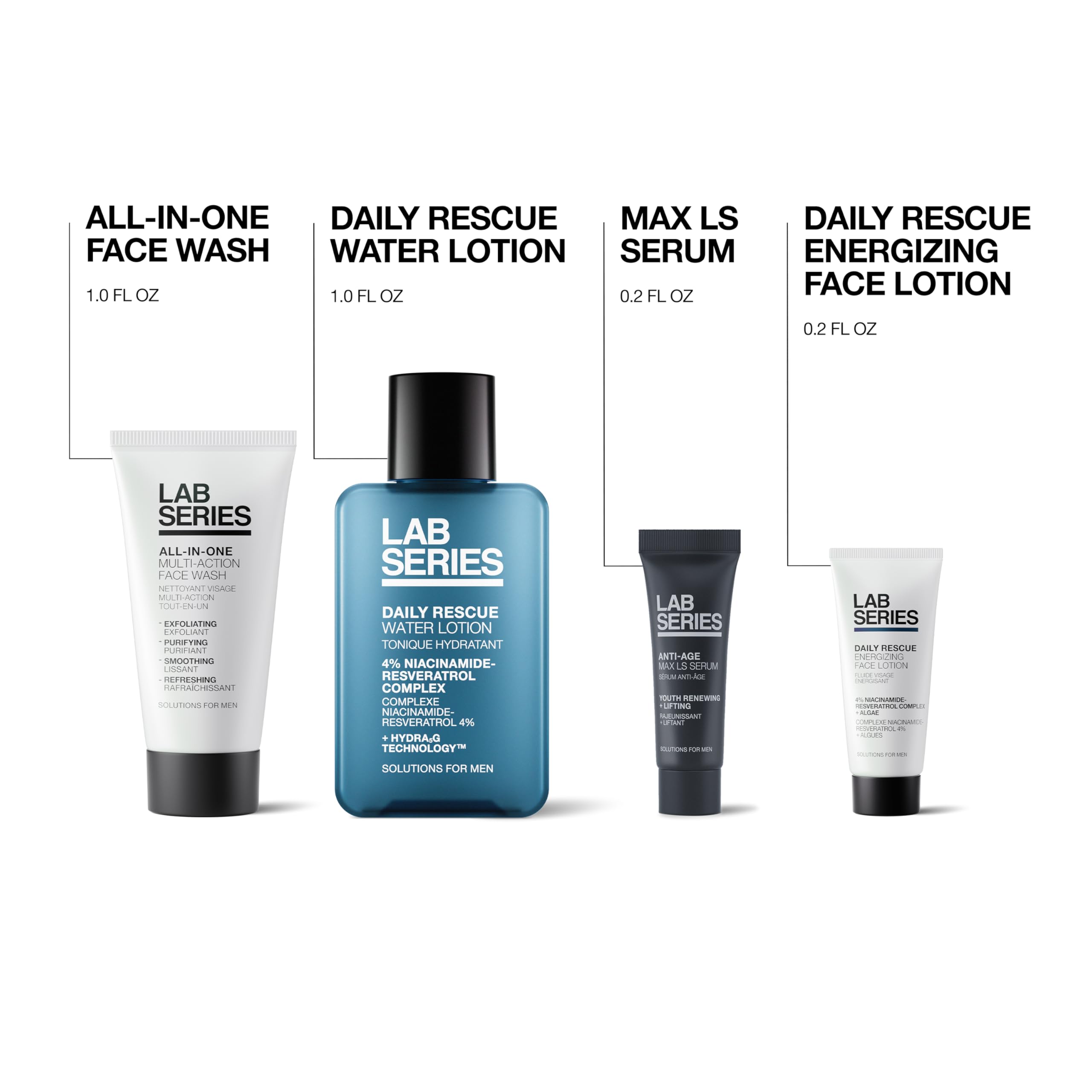Lab Series Travel Size Essentials Skin Care Gift Set For Men - Includes All-In-One Face Wash 1 Fl Oz, Daily Rescue Face Toner 1 Fl Oz, Daily Rescue Face Lotion 0.2 Fl Oz & Max LS Face Serum 0.2 Fl Oz