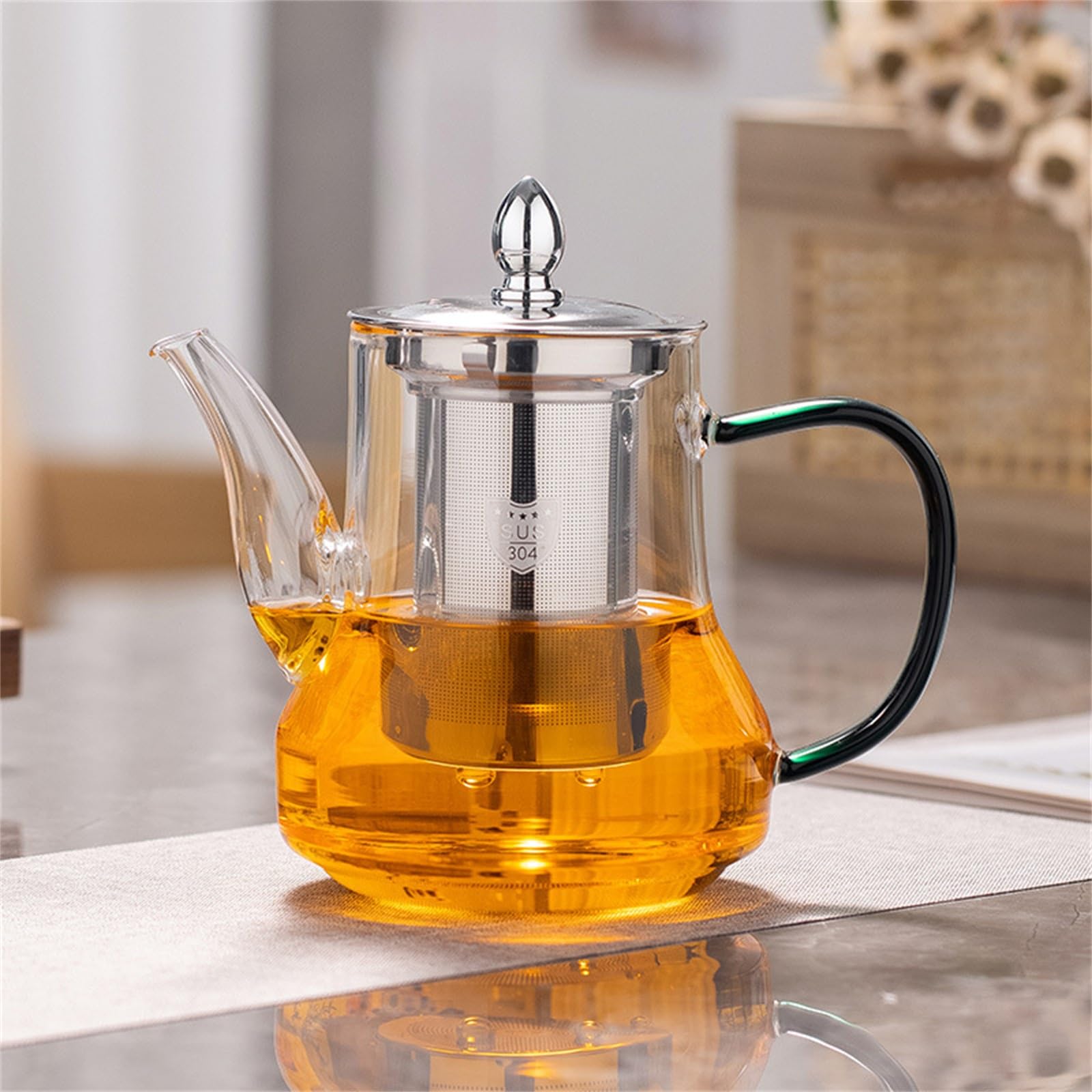 Teiera in Vetro Resistente alle Alte Temperature con beccuccio Lungo, Ideale per tè in Fiore e tè Sfuso.(Trasparente 750ml)