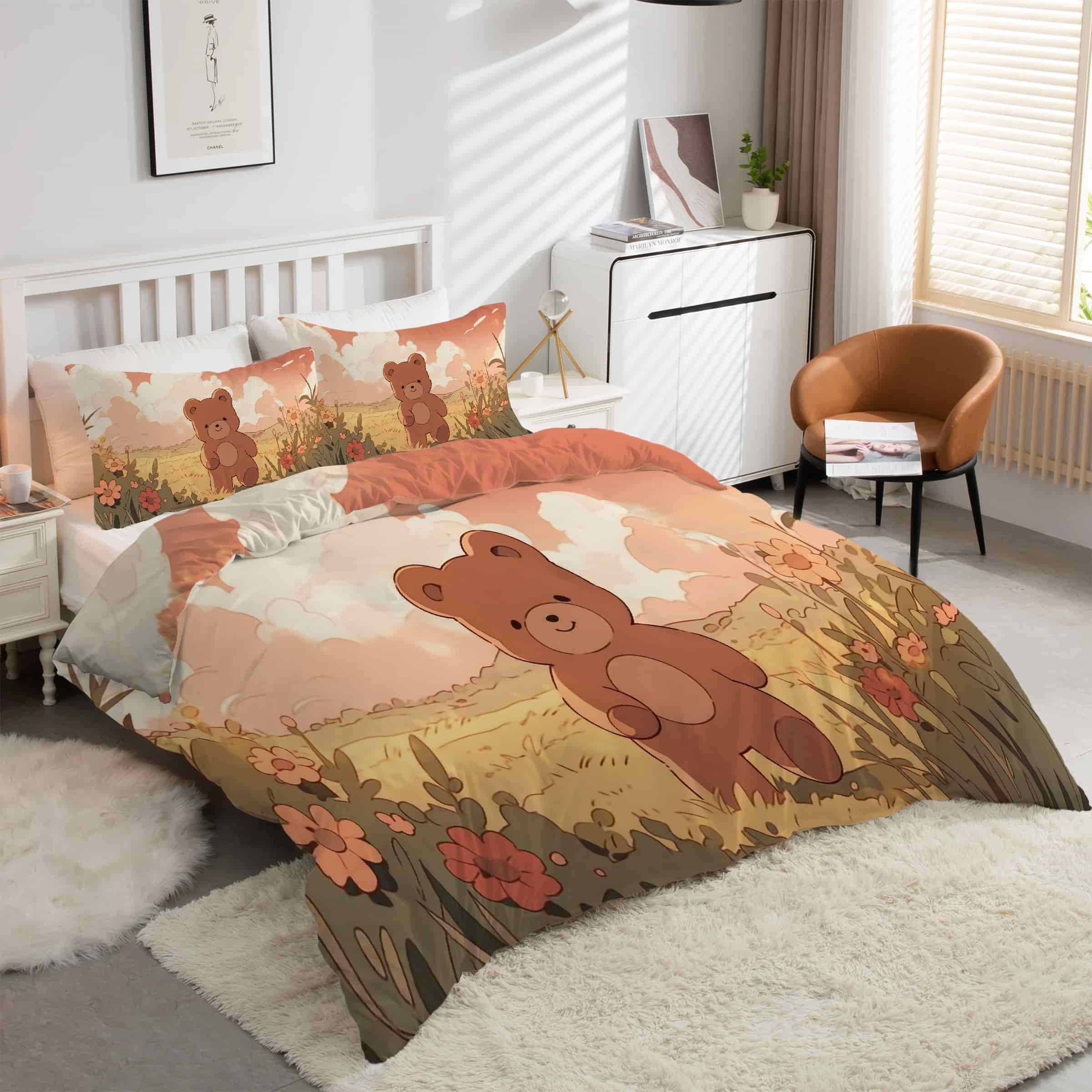 Housse de couette 90x190 ours en peluche ensemble de literie 3 pièces en microfibre douce