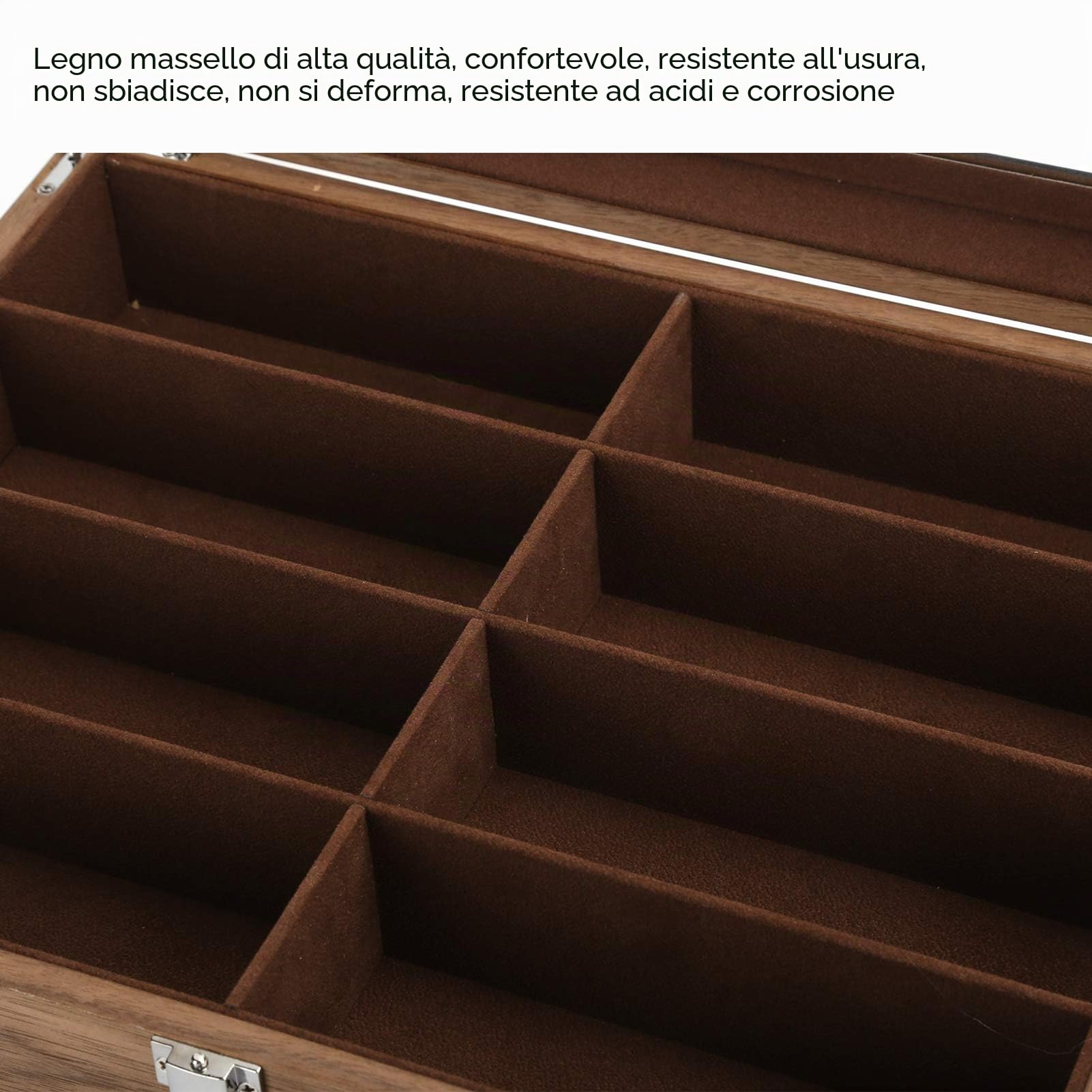 Custodia Occhiali da Sole in Legno Premium, Espositore Gioielli Minimalista con Coperchio Trasparente e 8 Scomparti Organizzati