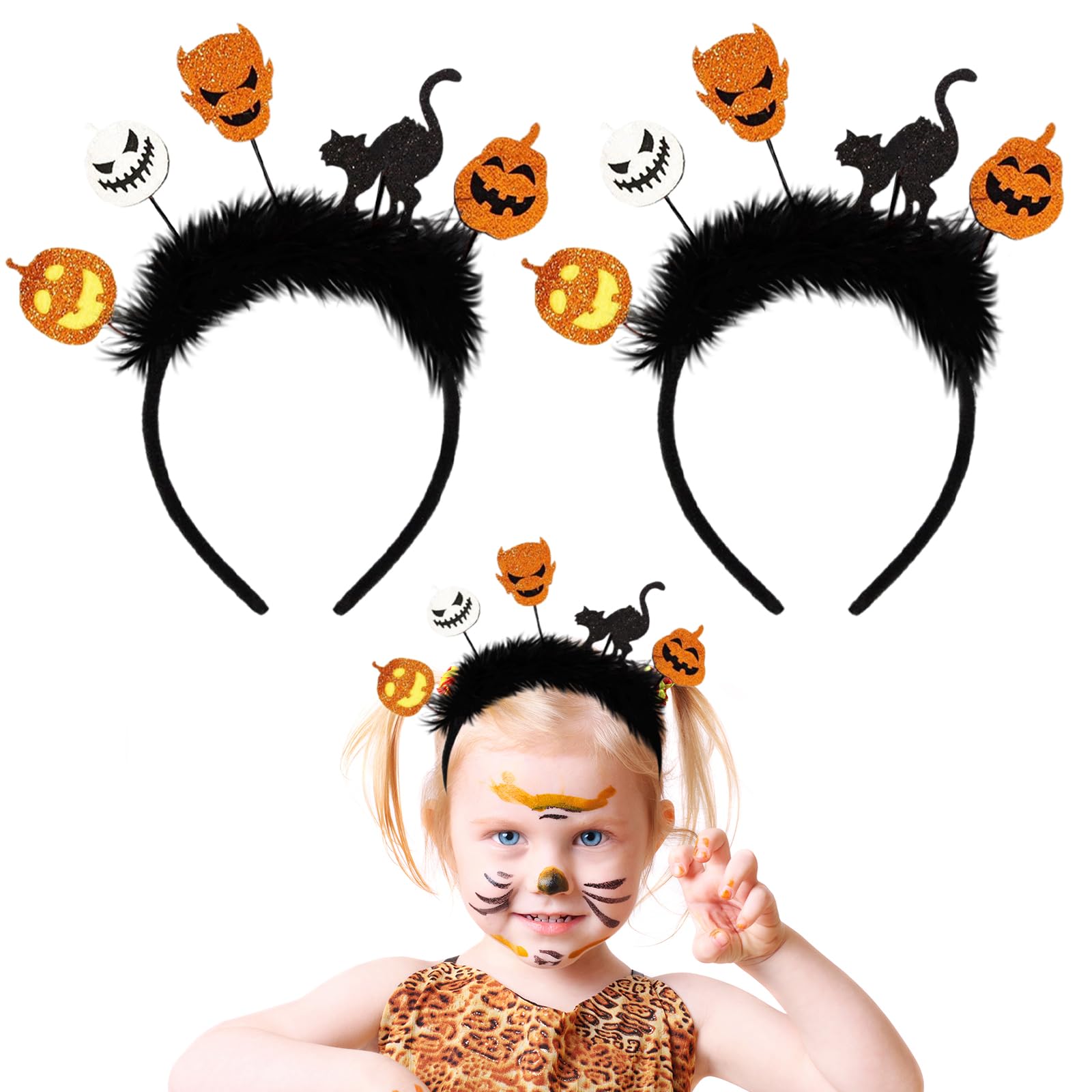 YAUOIPI 2 Pcs Halloween Headbands for Kids Glitter Pumpkin Witch Ghost Cat Hair Bands for Halloween Cosplay Party Masquerade Fancy Dress Carnival Accessories (Black)