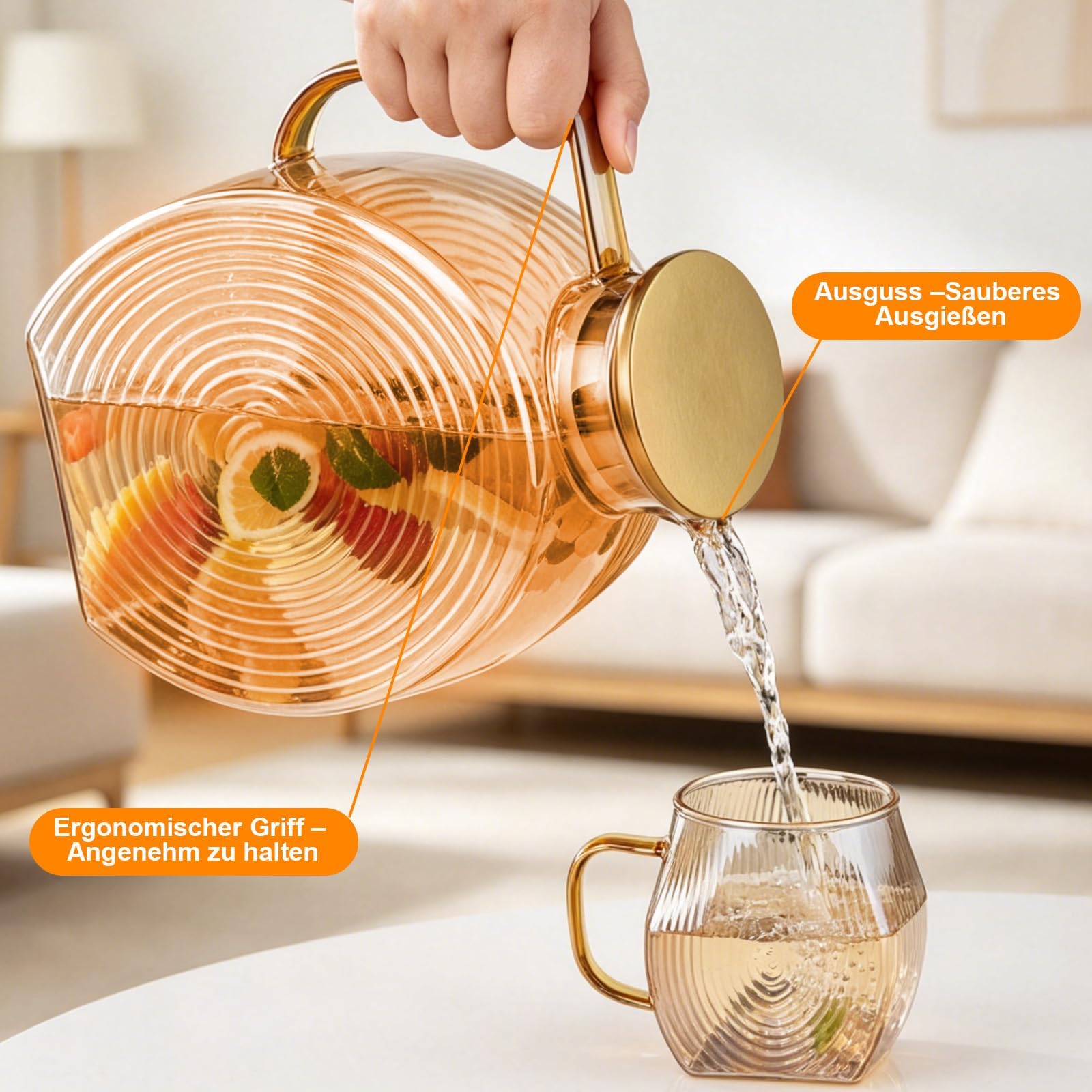 2,5 L Wasserkaraffe Borosilikatglas mit Edelstahldeckel Champagner | Glaskaraffe aus Borosilikatglas, Für Heiß- und Kaltgetränke, ideal für Eistee und passend in die Kühlschranktür