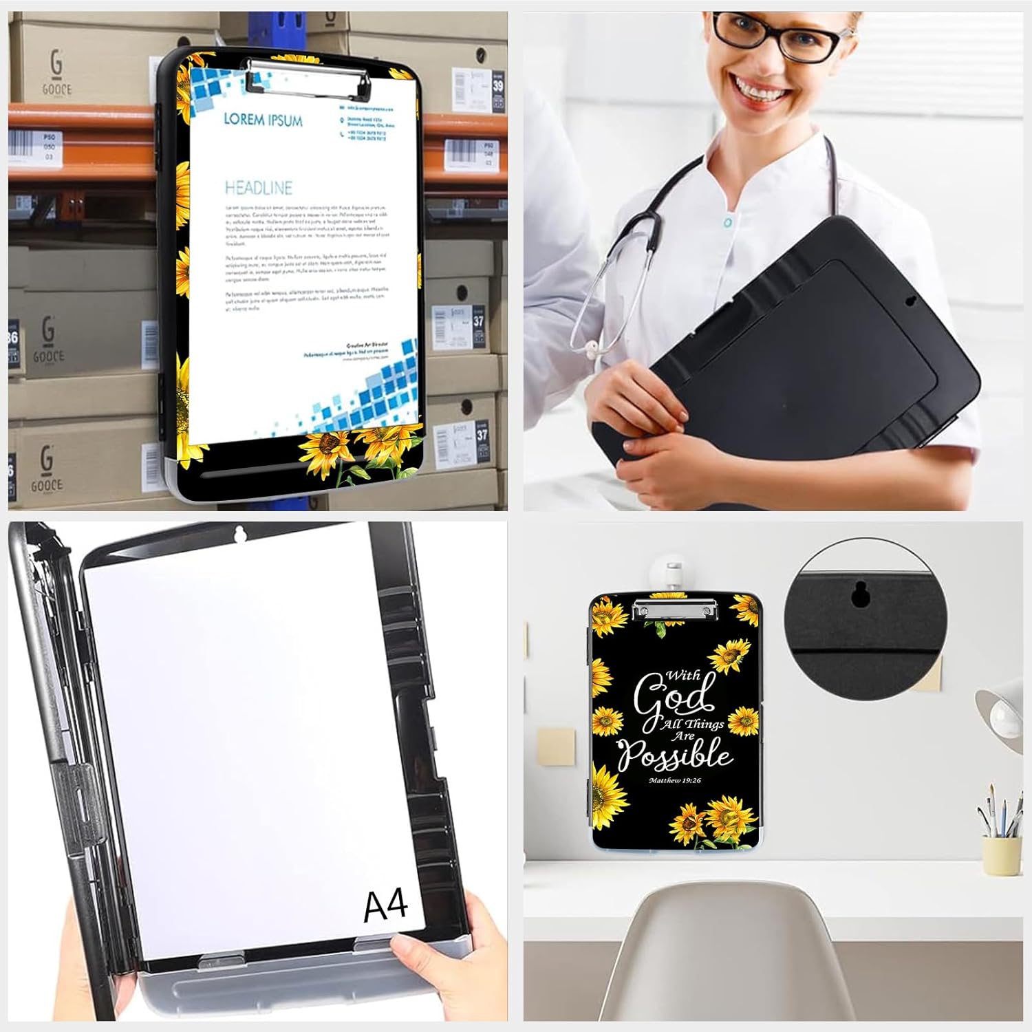 Clipboard with Storage,A4 Storage Clipboard,High Capacity Clipboards,Clipboard Storage with Clip and Pen Holder,Coaches Clipboard Folder Case-Sunflower Matthew 19:26