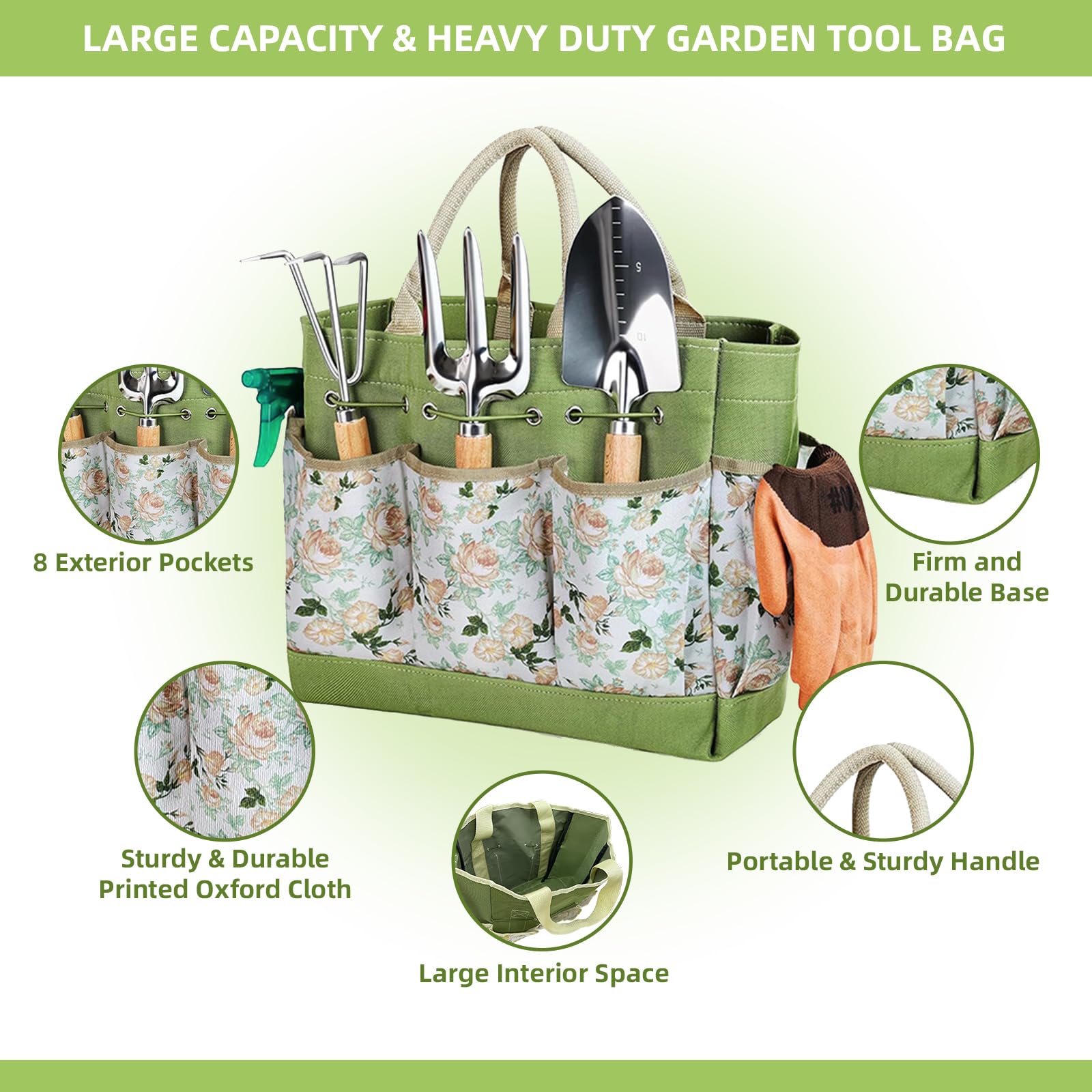Juego de herramientas de jardín, 12 piezas, kit de jardinería resistente, herramientas de acero inoxidable con organizador floral, bolso de mano, suculentas, suministros de césped para amantes de la