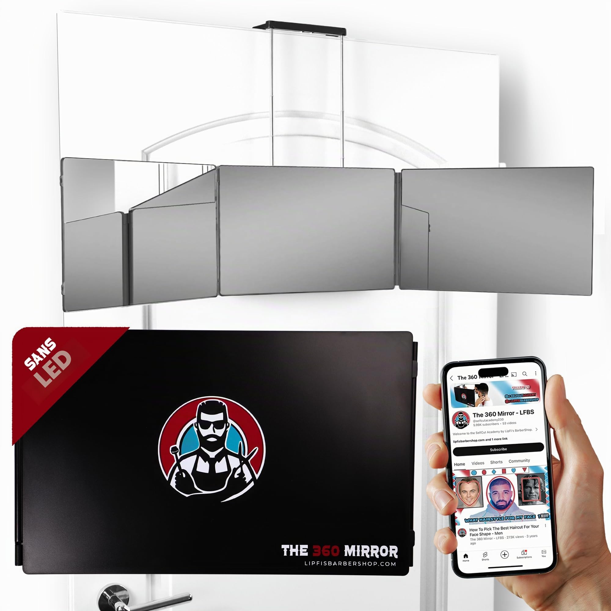 LIPFISBARBERSHOP.COM Miroir 360° - Self Cut Mirror - Miroir 3 Faces Pliable avec Crochets adaptables sur Toutes Les Surfaces (sans LED)