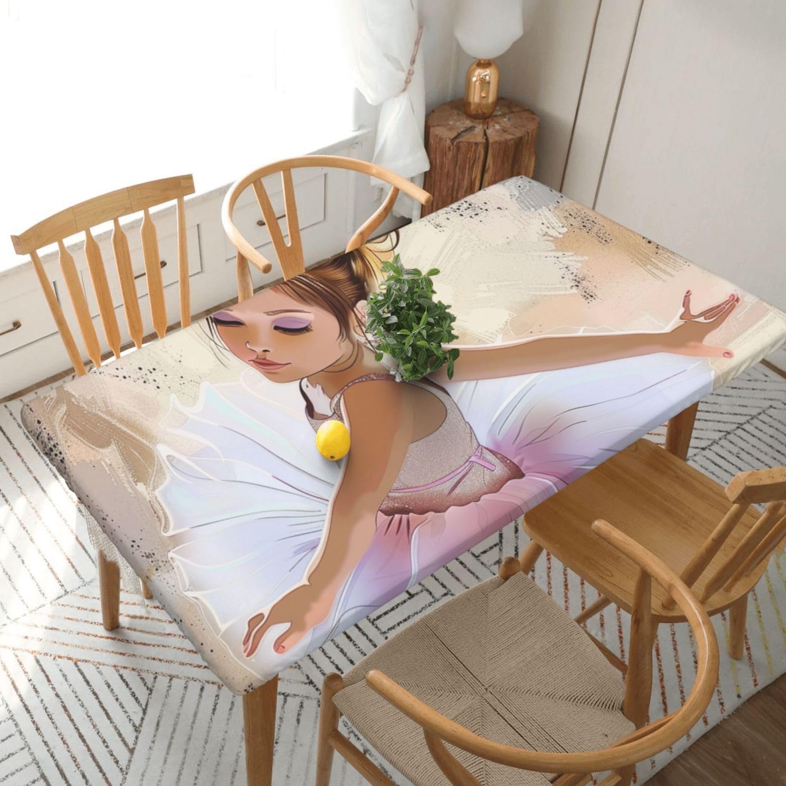 WPKJU Little Ballerina Dancing Girl Printed Tablecloths 5ft Rectangular Table Covers Washable Polyester Decorative Table Cloth for Dining Table Picnic Wedding