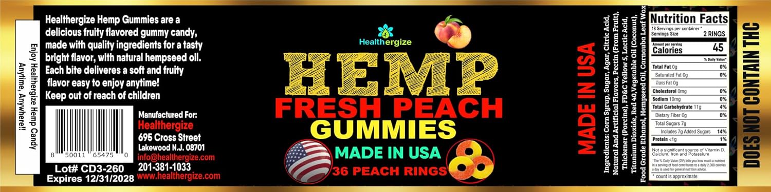 Hemp Gummies for Sleep-Fresh Peach Rings-Full Flavor Peach Gummy Bear Edibles Candy-Natural Hempseed Oil-Made in USA