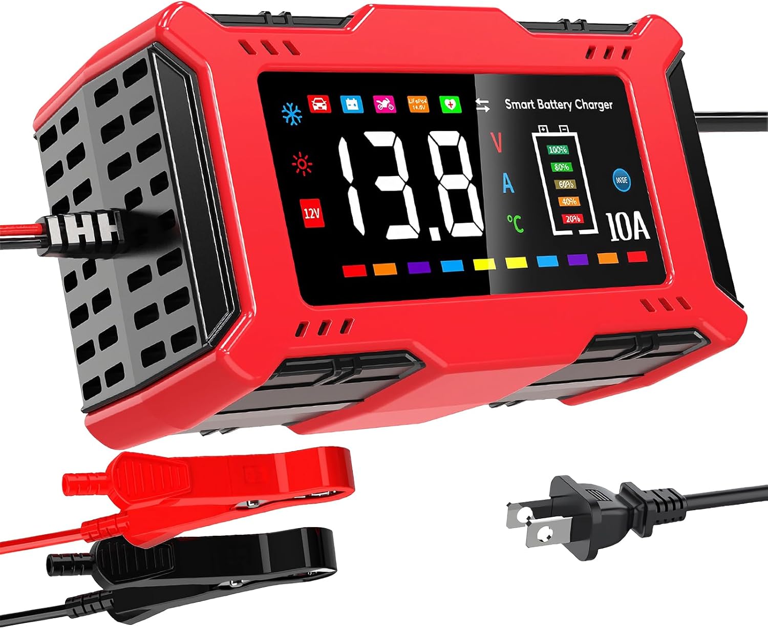 Car Battery Charger 10A with Large LCD Display for 12V Lead Acid & 14.6V LiFePO₄, Automatic Battery Maintainer, Trickle Charger, Desulfator, AGM/Gel/SLA Charger for Cars Trucks Motorcycles Boats