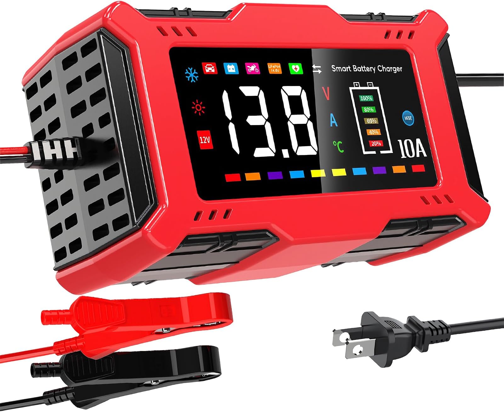 Car Battery Charger 10A with Large LCD Display for 12V Lead Acid & 14.6V LiFePO₄, Automatic Battery Maintainer, Trickle Charger, Desulfator, AGM/Gel/SLA Charger for Cars Trucks Motorcycles Boats