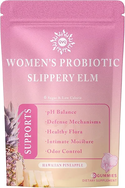 QVQ Women's Probiotic & Prebiotic Pineapple Slippery Elm Gummies for Women pH, Gut Health & Immune System, Gluten-Free, Vegan Premium Feminine Balance Gummie, 60 Gummies(1 Pc)