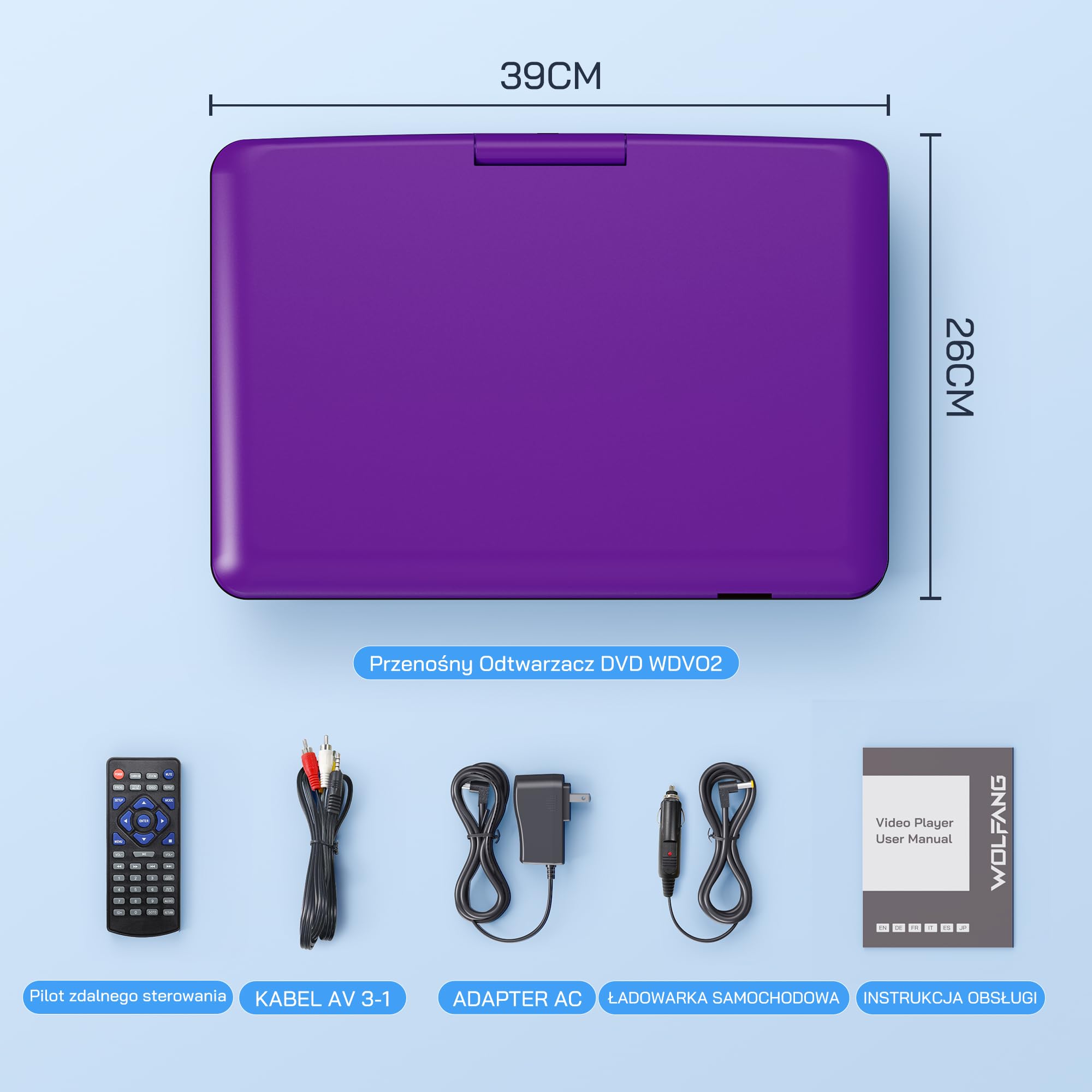 WOLFANG Przenośny odtwarzacz DVD 17,5" z dużym wyświetlaczem HD 15,6", akumulator 5000 mAh, bez ograniczeń regionalnych, dwa głośniki stereo, obsługuje USB/kartę SD/Sync TV, projektor, fioletowy
