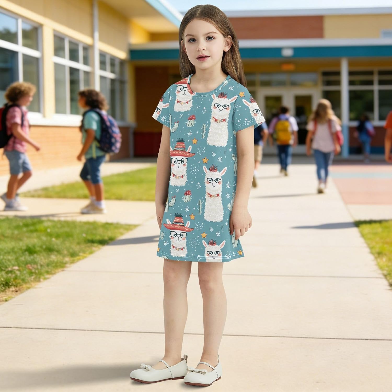 Funny Llama Girls Dresses Summer Dresses for Girls with Cotton Short Sleeves for Casual a Line Dress Size 2-8Y