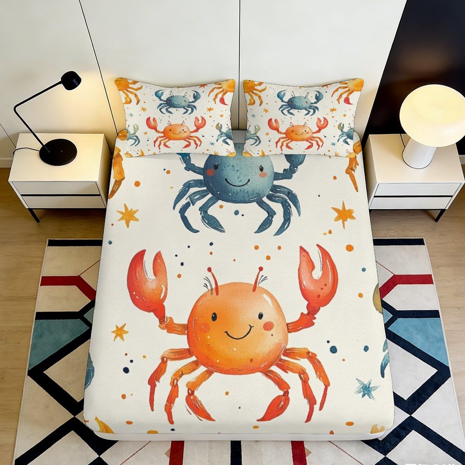 3D Printed Cartoon Crab Fitted Sheet Microfiber Soft Breathable Ocean Animal Mattress Cover for Bedroom Dorm Mattress Protection Decor 90x200x25cm