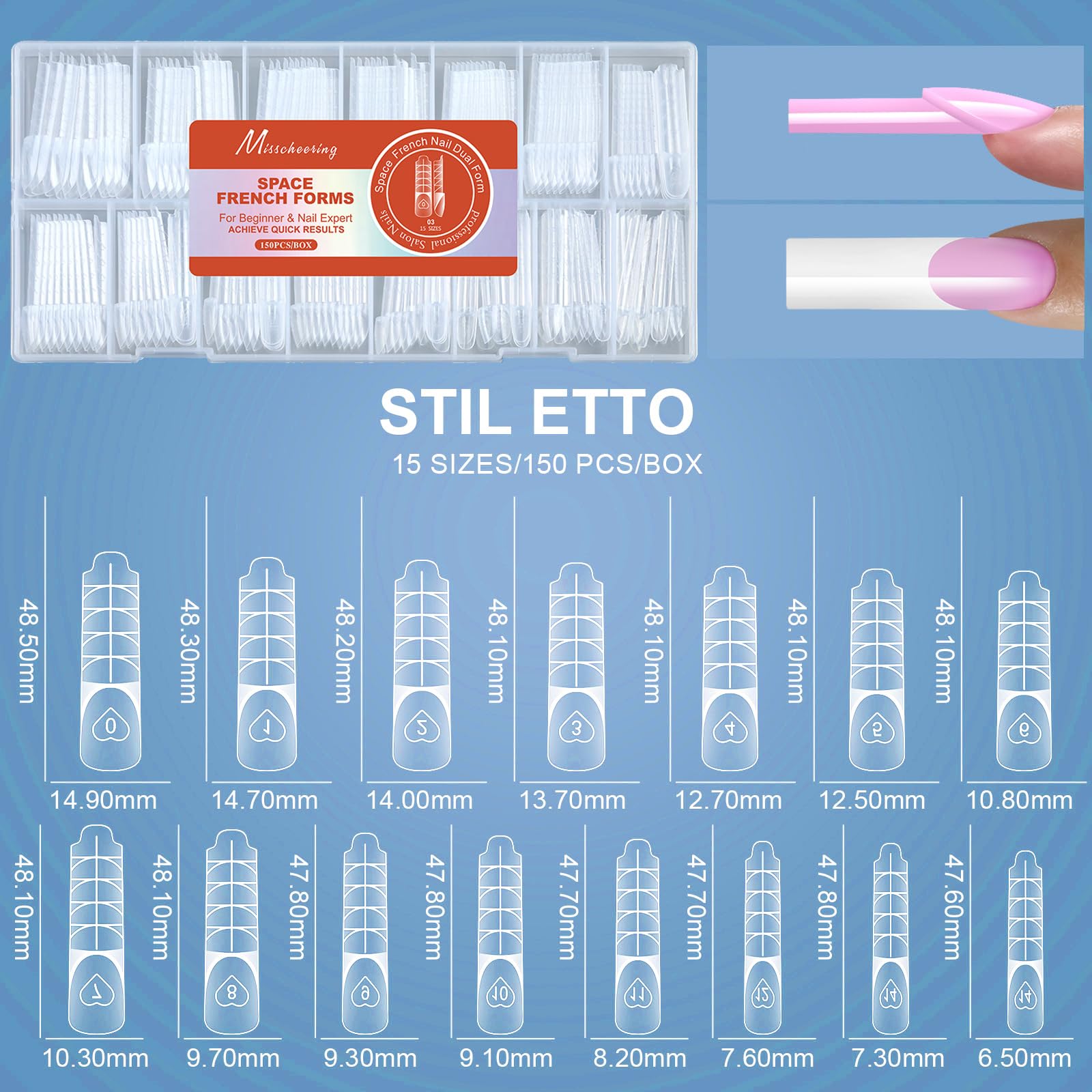 150 Pezzi 3D Reverse French Dual Form, 3D Manicure Francese, 15 Misure Forme Riutilizzabili, per Poly Gel, Builder Gel, Nail Extension DIY e Uso Professionale