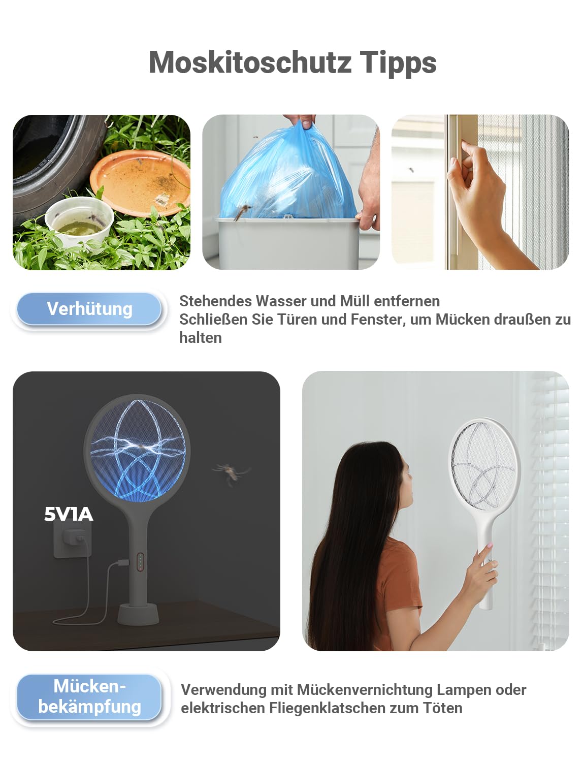 YISSVIC Elektrische Fliegenklatsche extra stark 4000V 2 in 1 USB C mit Akku Aufladbar Elektro Mückenklatsche mit UV Lichtfalle Weiß 1 STK.