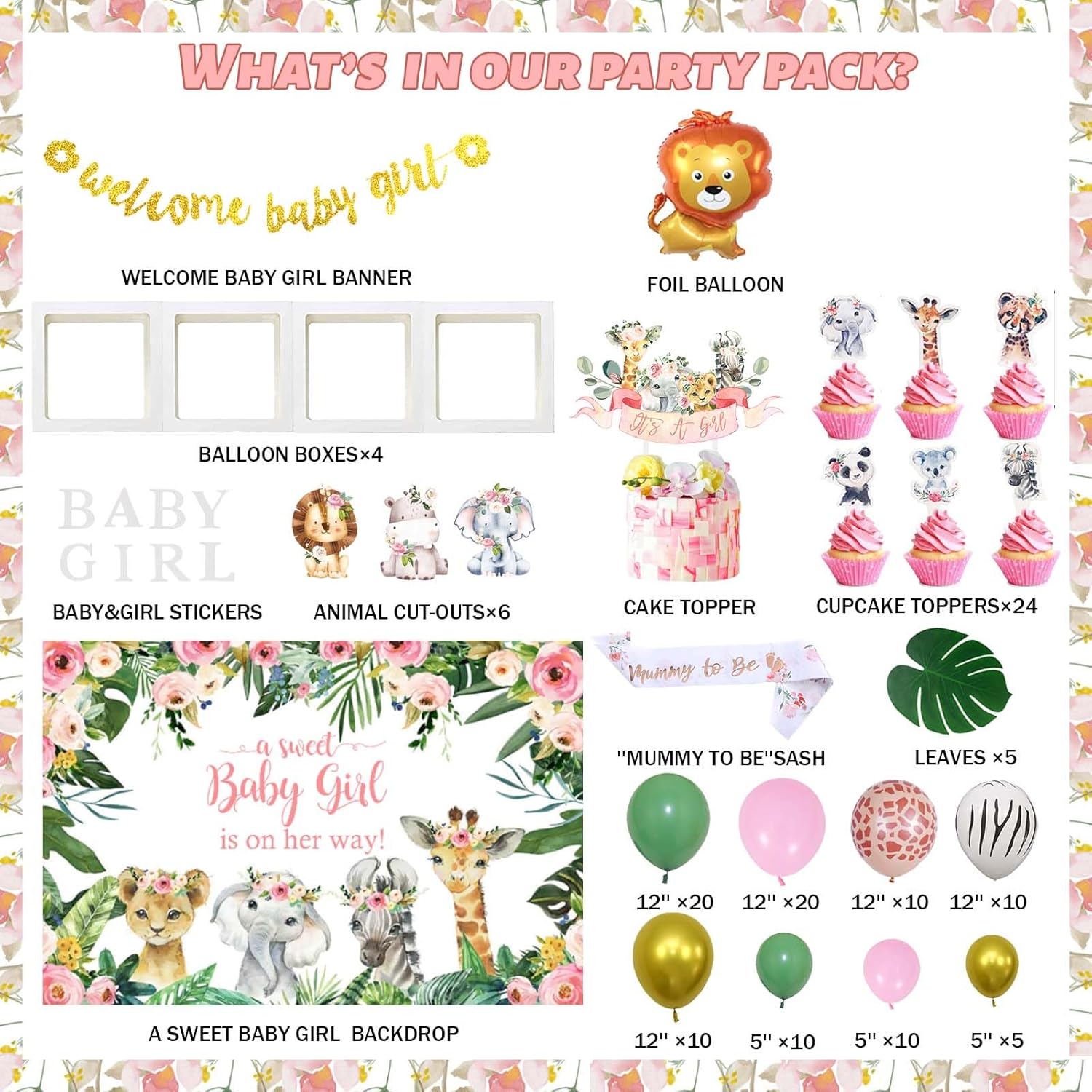 Safari Baby Shower Decorations for Girl, Jungle Themed Décor Backdrop Balloon Garland Arch Artificial Leaves Box Cutout Glitter Banner Cake Topper Sash Lion Cheetah Giraffe Pink 140 PCs