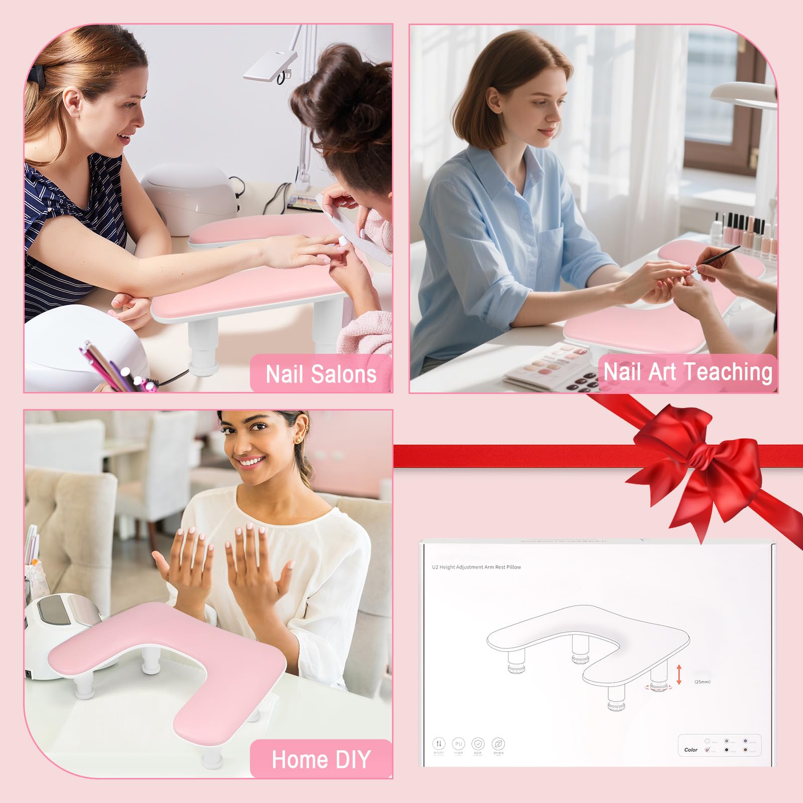 Bracciolo a forma di U per manicure e nail art, con regolazione in altezza, antiscivolo, in pelle PU, per manicure e nail art (rosa)