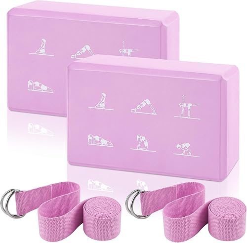Juego de 2 bloques de yoga y 2 correas de yoga, bloques de espuma EVA antideslizantes, ladrillos de yoga de alta densidad con correa de 6 pies,