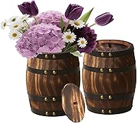 MEYAGO 2 Pack Rustic Wood Wine Barrel Vases 8x6.5in - Vintage Flower Planters for Weddings, Home Decor, Garden, Parties