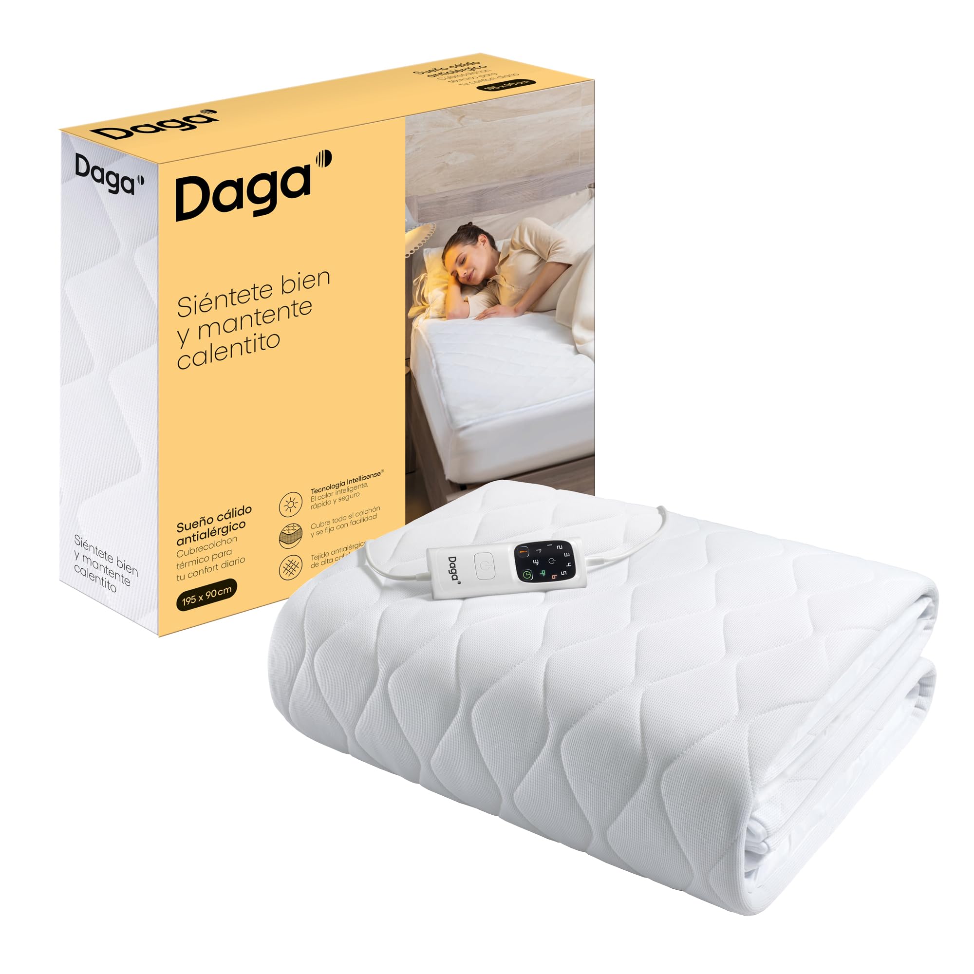 Cubrecolchón Térmico Individual Daga Intellisense 195×90 cm, antialérgico OEKO-TEX, esquinas elásticas, 6 niveles de temperatura, temporizador 1/3/9 h, Electro Block, lavable 30°C, mando extraíble