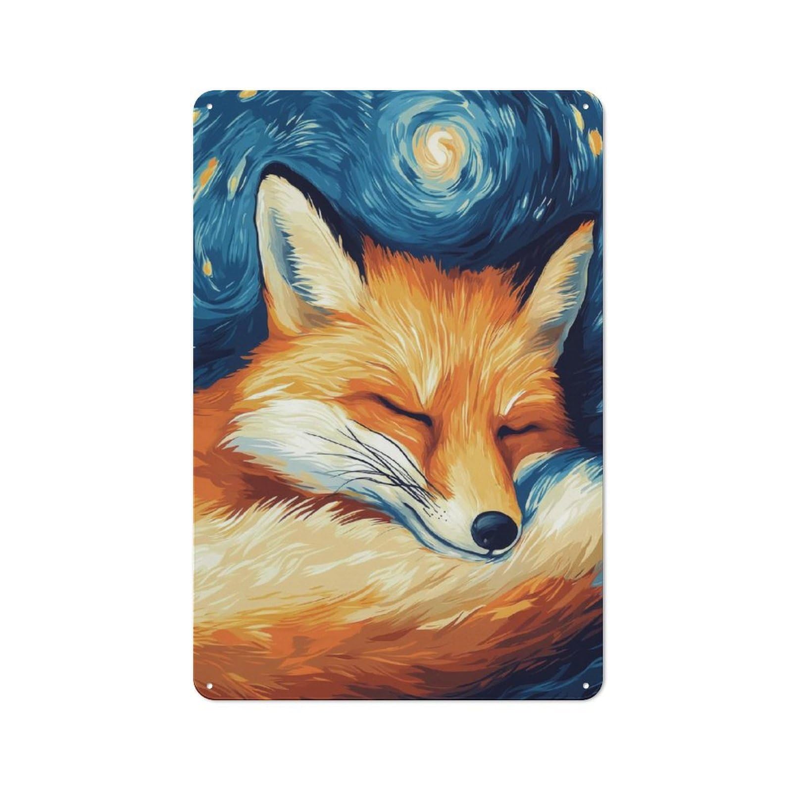 Modern Retro Decorative Metal Plaque 30x20cm Featuring Sleeping Fox Starry Night, Loft Wall Plaque for Flat, Bar, Studio Or Gallery Wall