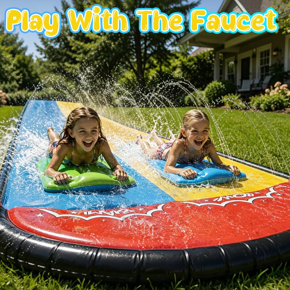 Doppelte Wasserrutsche für Garten 480x140cm mit 2 Bodyboards und Sprinkler