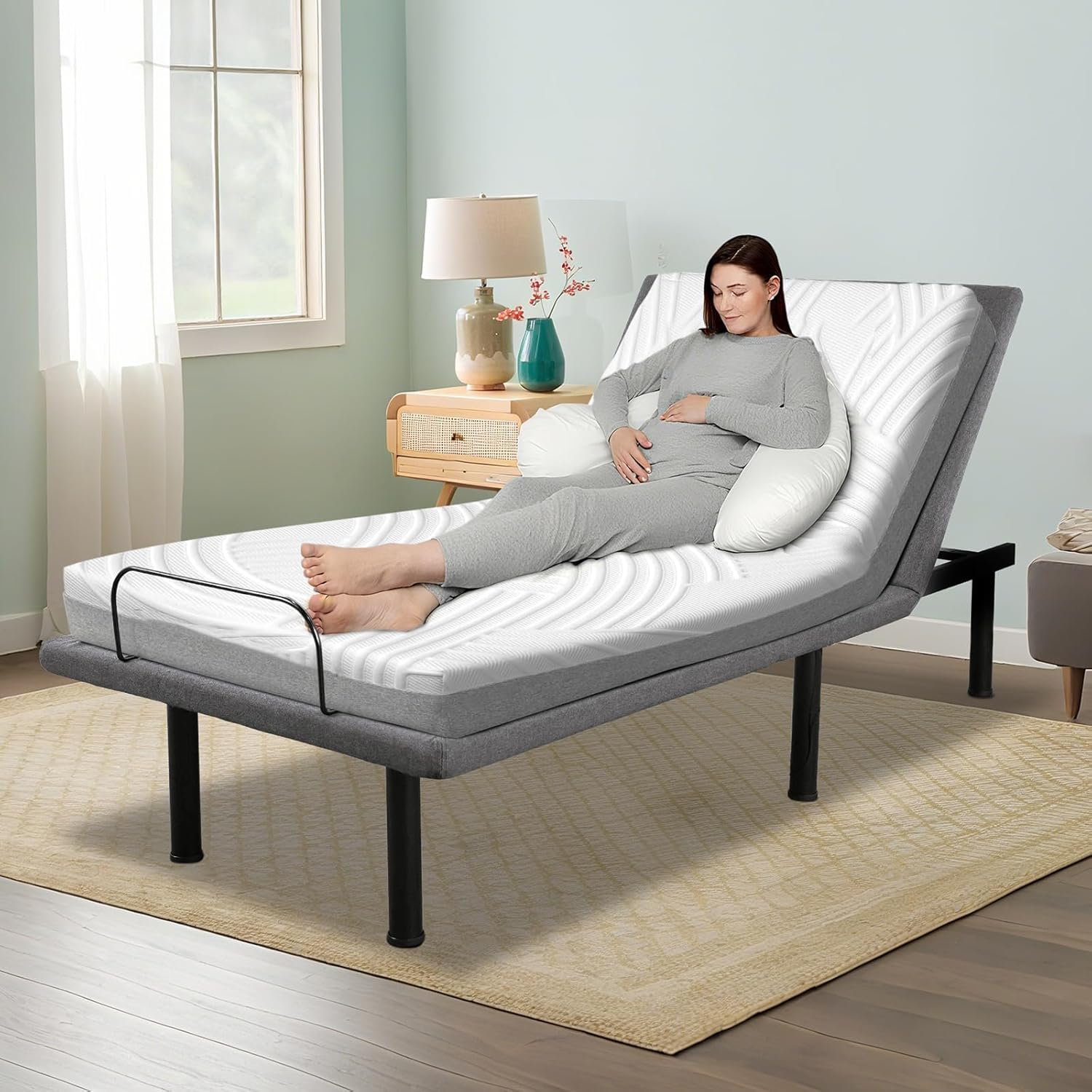 Twin XL Adjustable Bed Frame, Ergonomic Electric Bed Base with Wireless Remote and 2 USB Ports, Head and Foot Incline, Nightlight, Massager, Anti-Snore, Easy Assembly