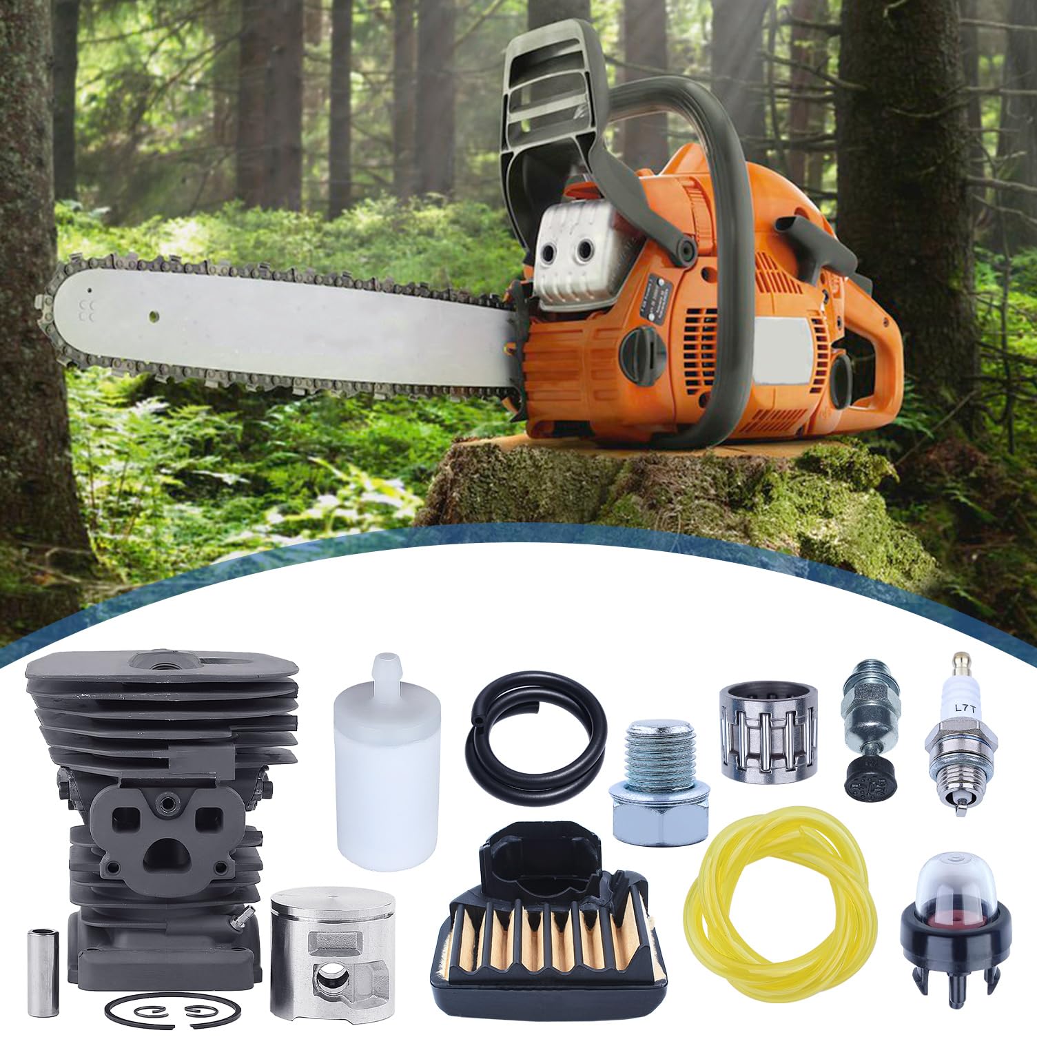 Kit Pistone e Cilindro per Husqvarna 455 460 Rancher, Ricambi Motosega 47mm Cilindro + Pistone + Filtro Aria + Candela + Tubo del Carburante Accessorio Pezzi 15 in 1