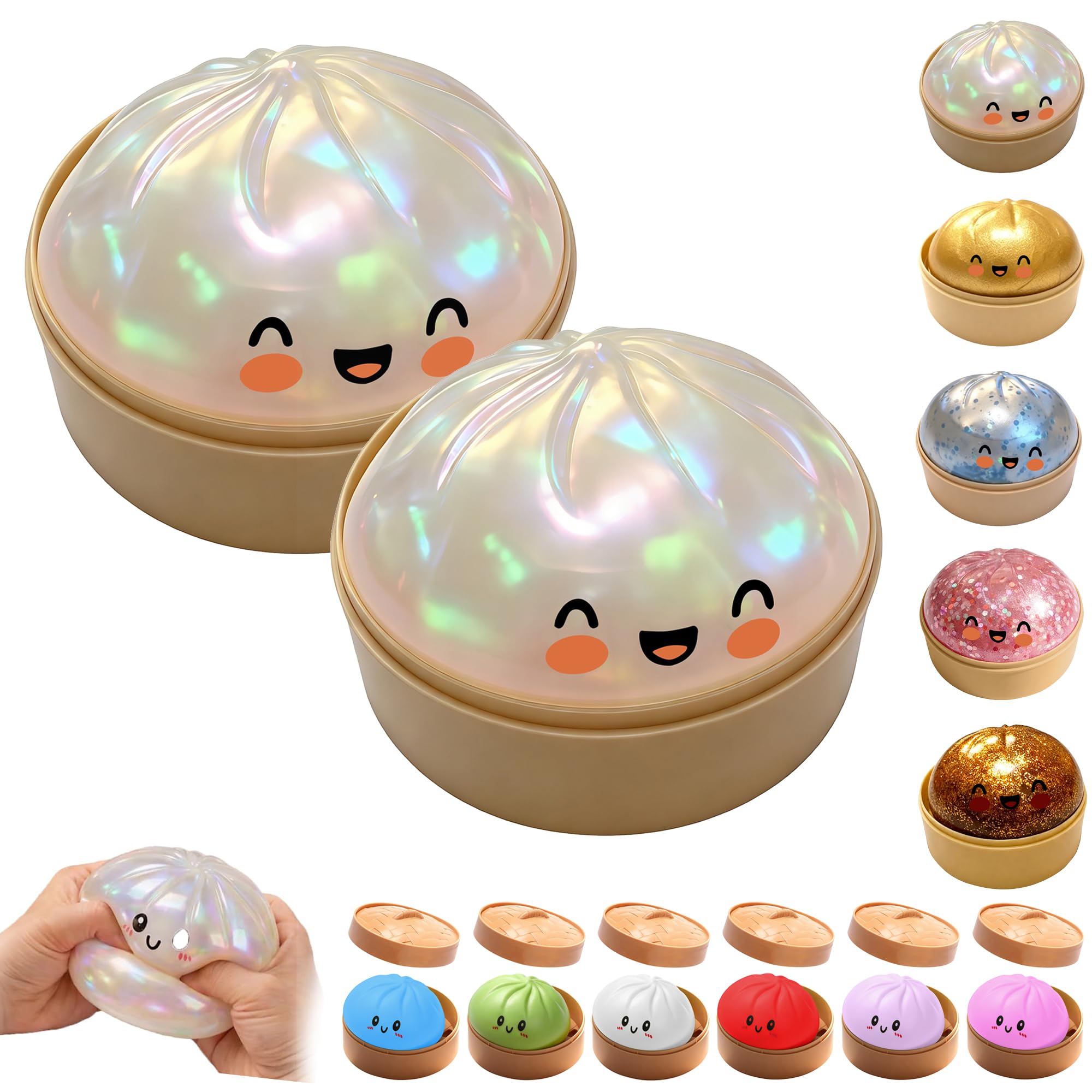 OKESYO Dumpling Squishy, 2Pcs Giant Squishy Dumpling Toy with Steamer Box, Mystery Rainbow Dumplings, Glitter Dumplings Stress Ball, Anxiety Relief Squeeze Fidget Toys Adults