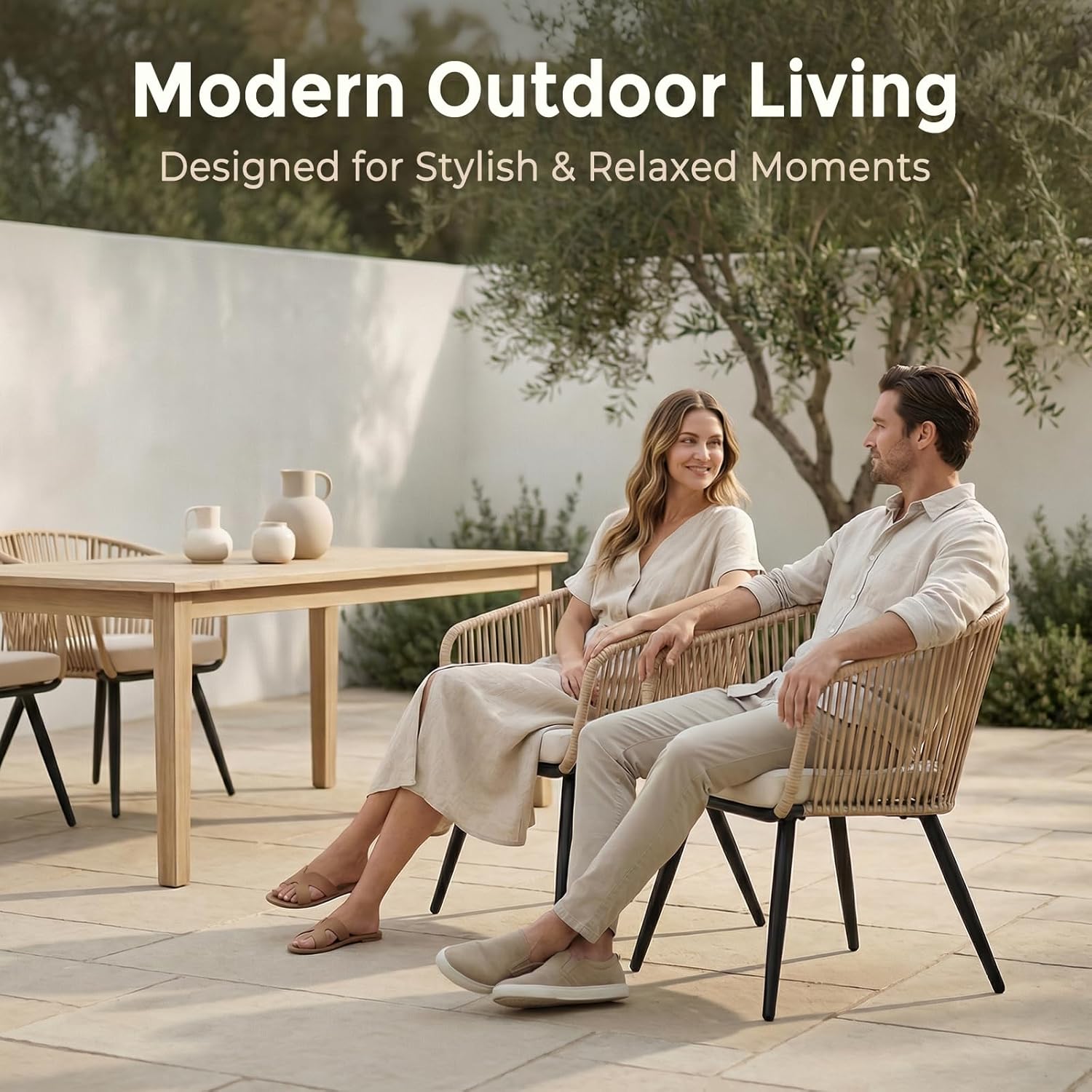 SWITTE Patio Dining Chairs Set of 2, Wicker Outdoor Dining Chairs with Thick Cushions, All-Weather Rattan Chairs for Indoor Balcony, Porch, Backyard, Garden, 350lbs Weight Capacity - Cream