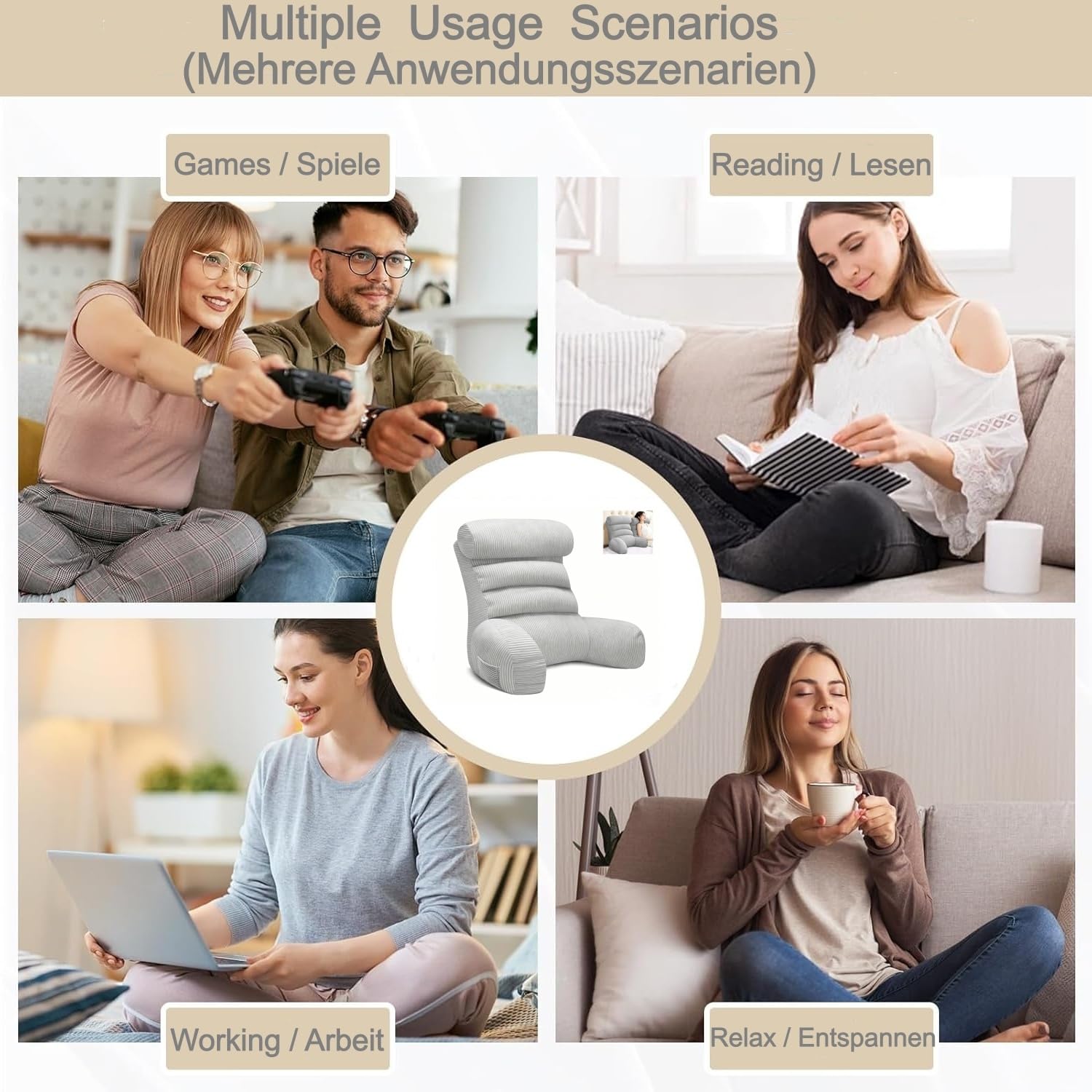 Lesekissen für bett und sofa mit Armlehnen & Abnehmbarer Nackenstütze | 70x40cm Höhenverstellbares Rückenkissen für Bett & Sofa | Reading Pillow Rückenstützkissen zum Lesen,Fernsehen,Entspannen (Grau)